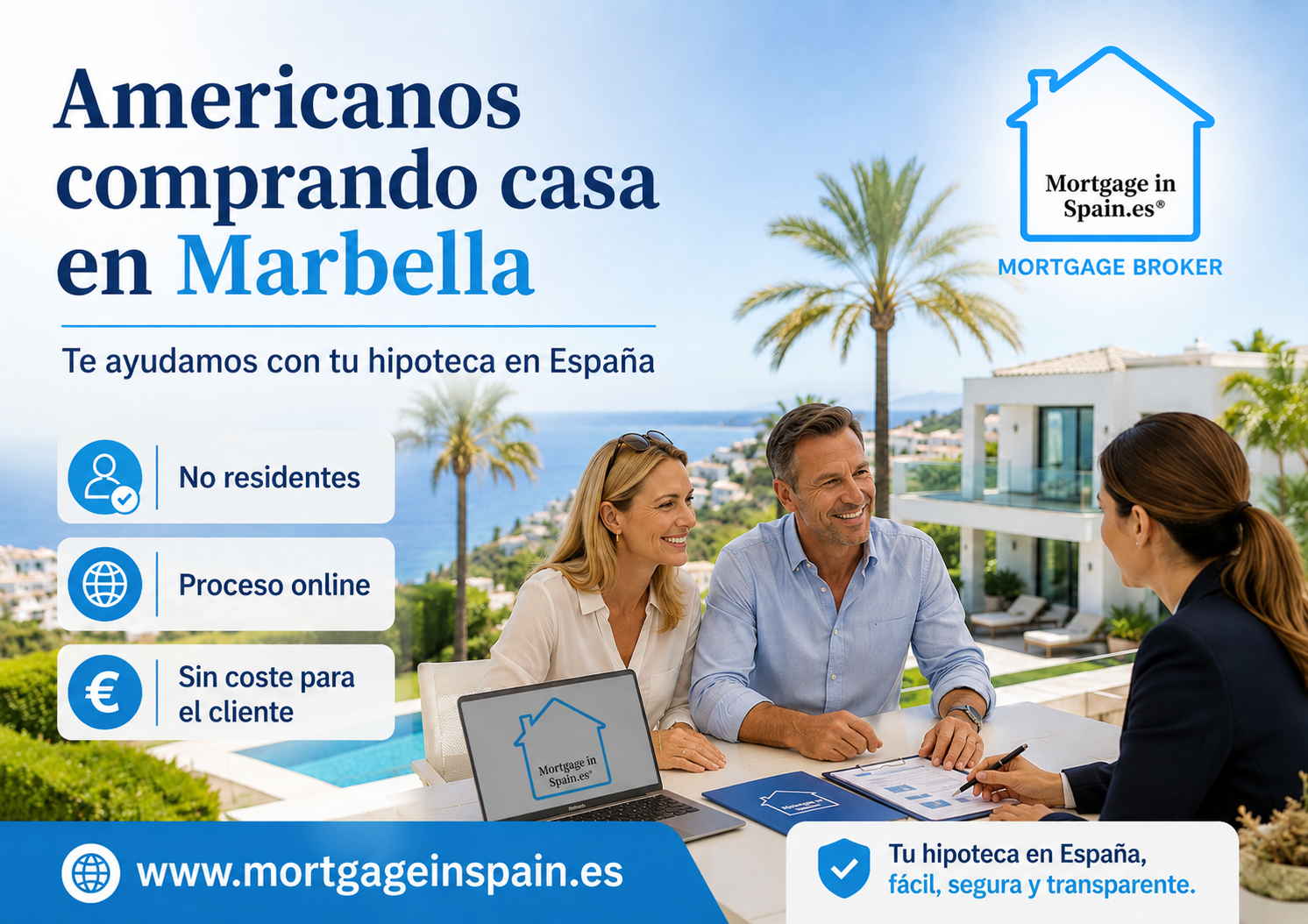 Compradores estadounidenses recibiendo asesoramiento hipotecario para comprar una casa en Marbella