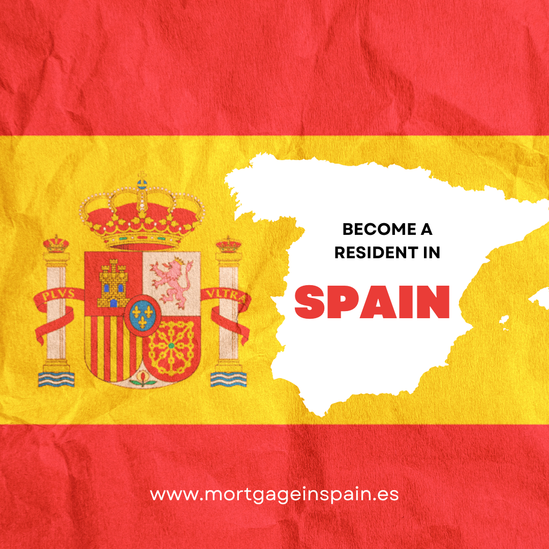 Spanish flag with map silhouette and text ‘Become a resident in Spain’ – Mortgage in Spain