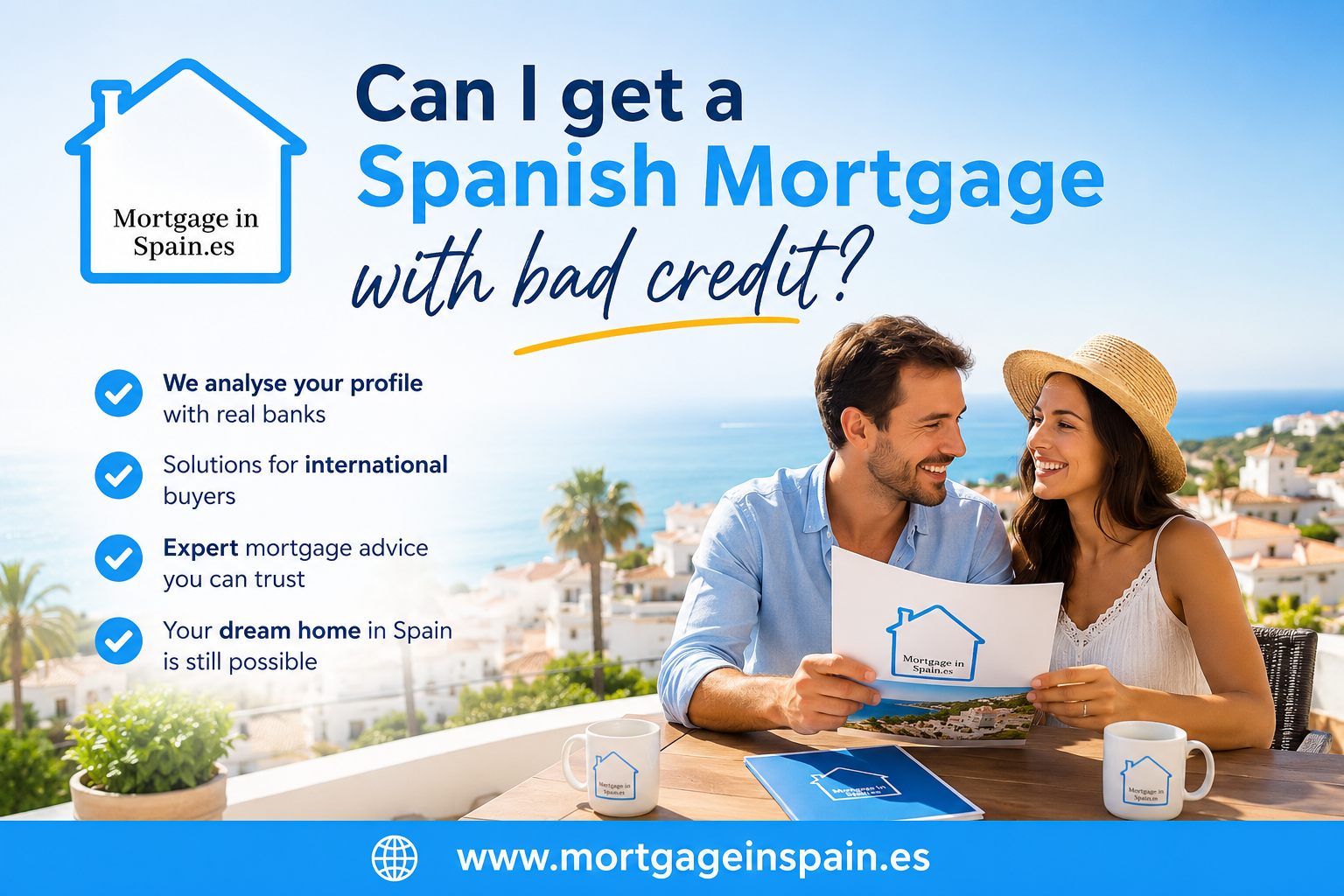 International couple discussing how to get a Spanish mortgage with bad credit while planning to buy