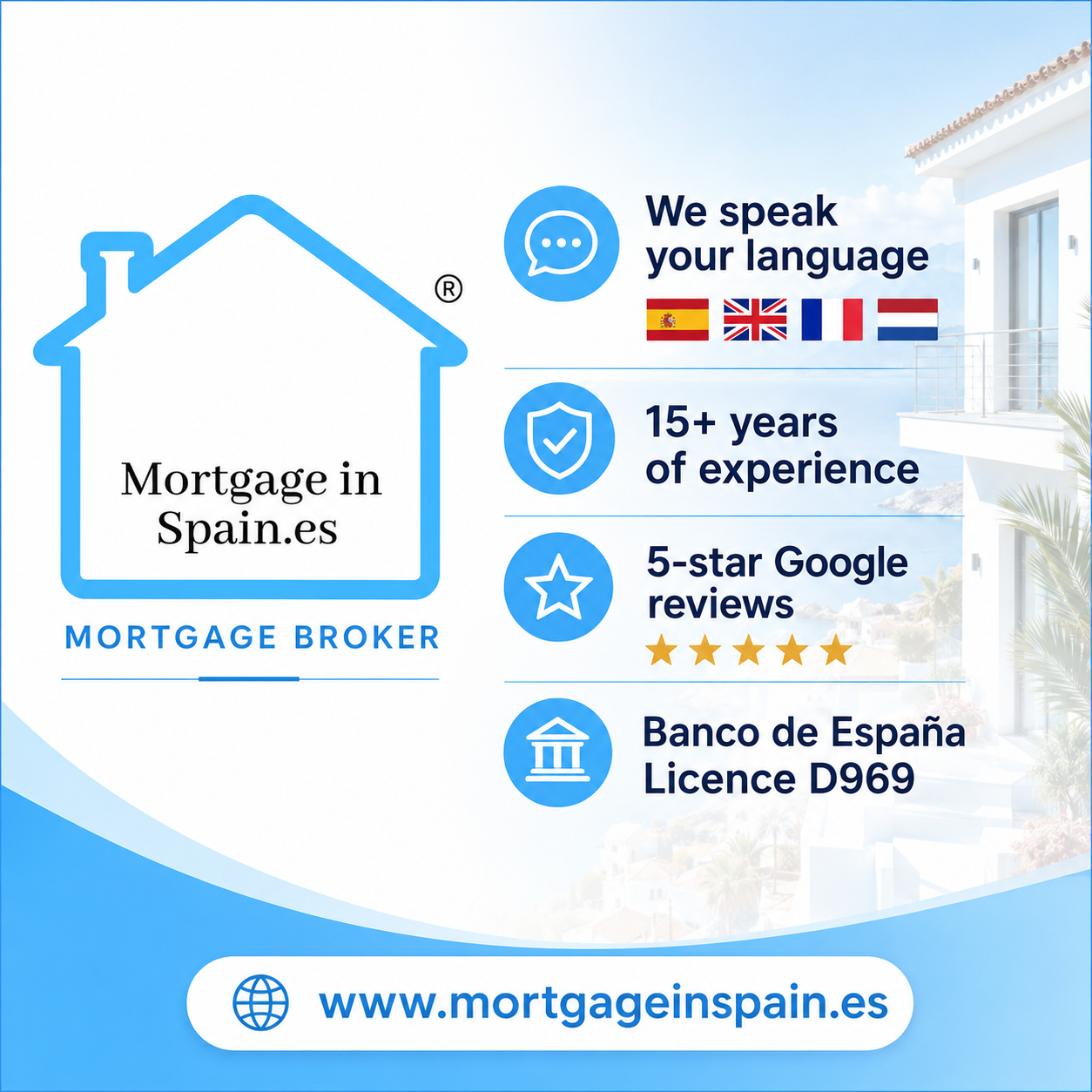 Mortgage in Spain® Mortgage Broker: atención en cuatro idiomas, más de 15 años de experiencia, reseñas de 5 estrellas y licencia D969 del Banco de España