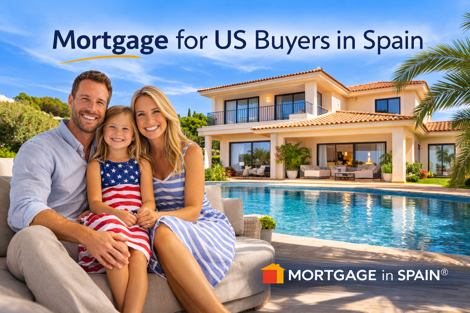 American family in front of luxury villa with pool in Spain – mortgage for US buyers in Spain