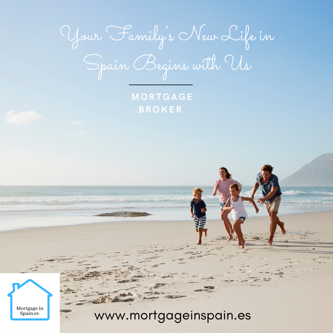 Parents and children on a sunny beach in Spain — new family lifestyle with Mortgage Broker