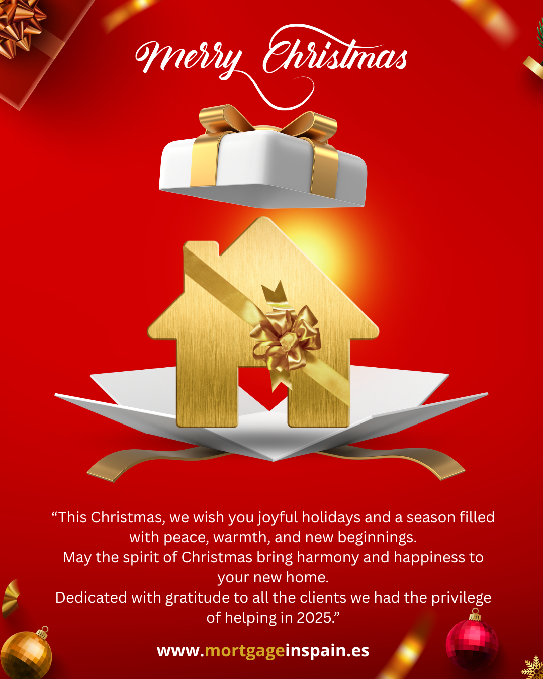Christmas greeting image from Mortgage in Spain Mortgage Broker featuring a golden house as a gift,