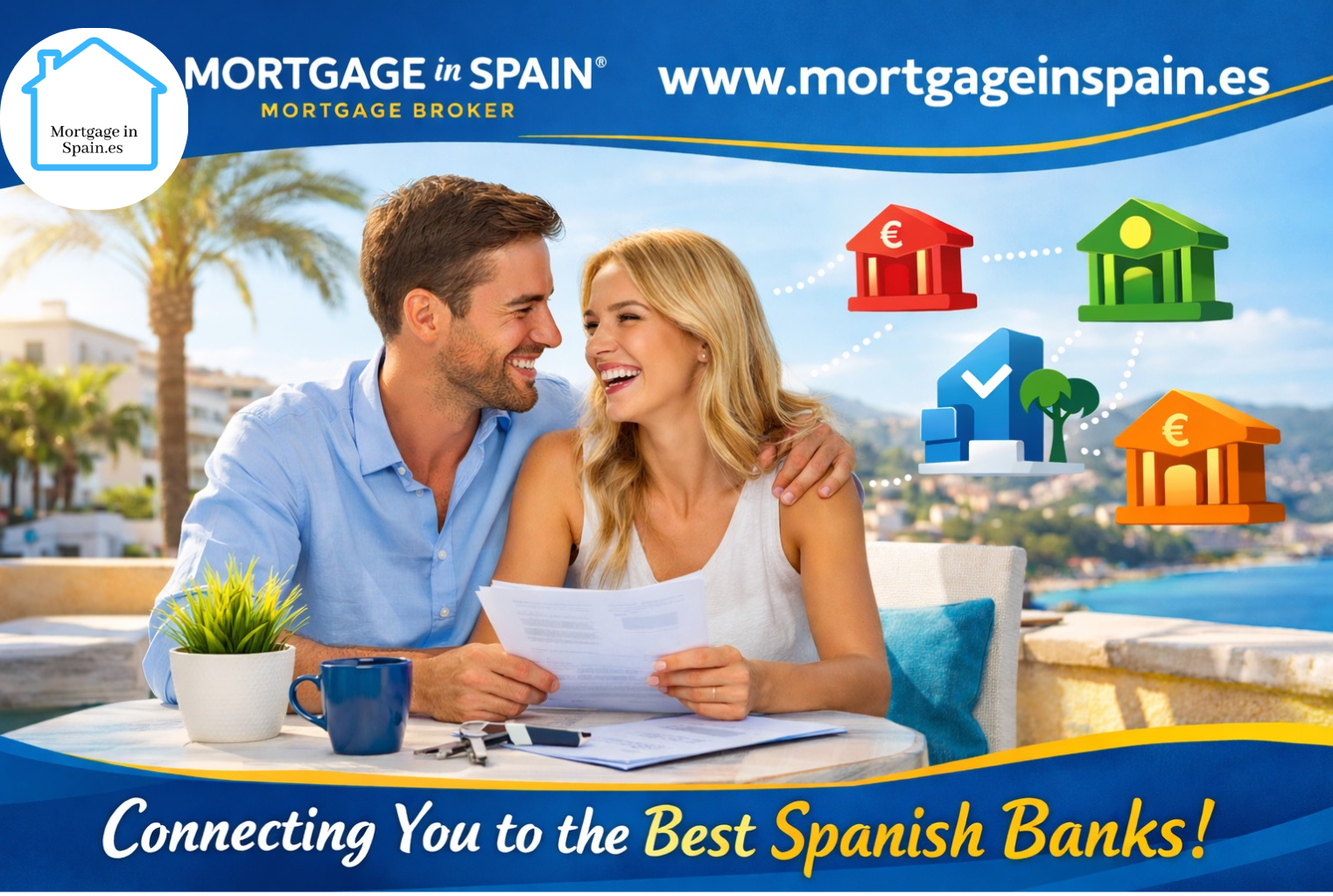 Couple in Spain comparing mortgage lenders 2026 for property financing.