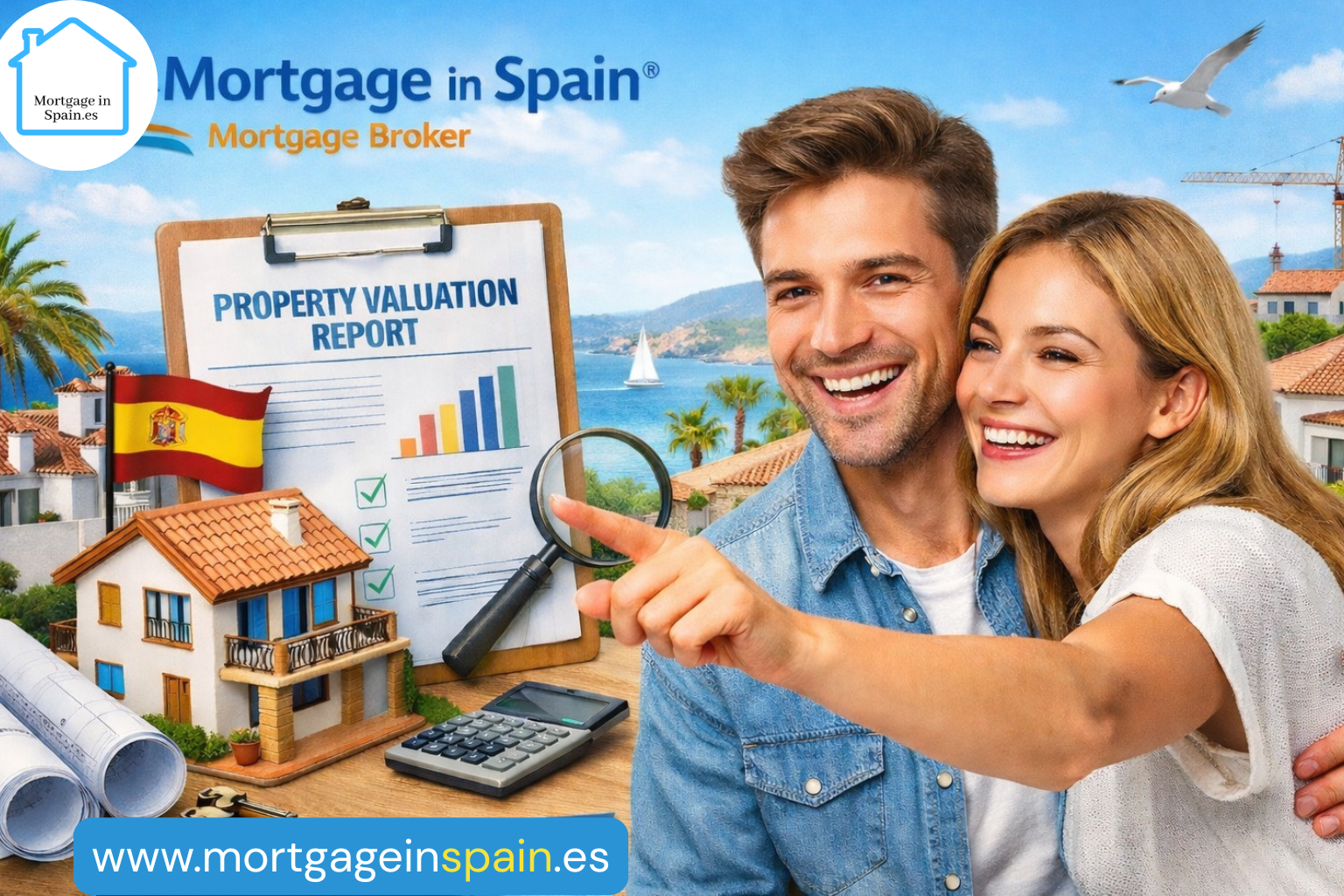 Happy couple reviewing a property valuation report in Spain with Mortgage in Spain® Mortgage Broker,