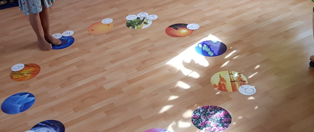 Auf einem Holzboden liegt das Horoskoprad in Bildern mit den dazu passenden Planetenbildern.