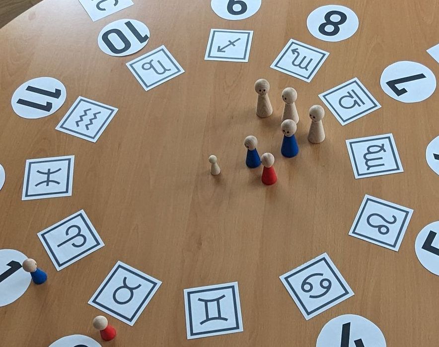Holztisch mit Sternzeichensymbolen und Zahlen im Kreis. Holzfiguren stehen im Kreis, Stellvertreter für Familienmitglieder.