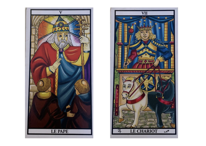 Le pape et le chariot du Tarot de Marseille