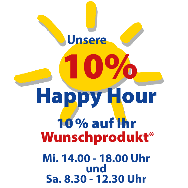 Kur-Apotheke Murnau Happy Hour Unsere 10 % Happy Hour auf Ihr Wunschprodukt. Mi. 14:00 bis 18:00 Uhr und Sa. 8:30 bis 12:30 Uhr.