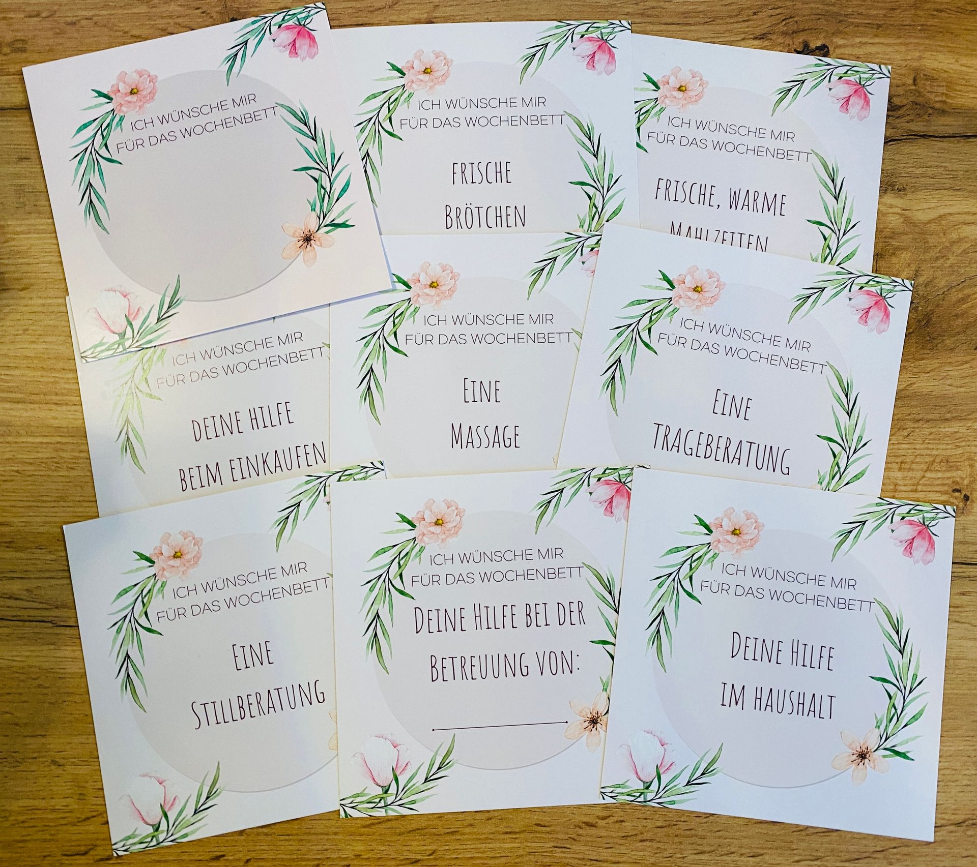 Gutscheine fürs Wochenbett, Wochenbettwünsche, Kartenset Gutscheine fürs Wochenbett, Kartenset Wochenbettwünsche, Kartenset für werdende Mamas, Kartensett Wochenbett