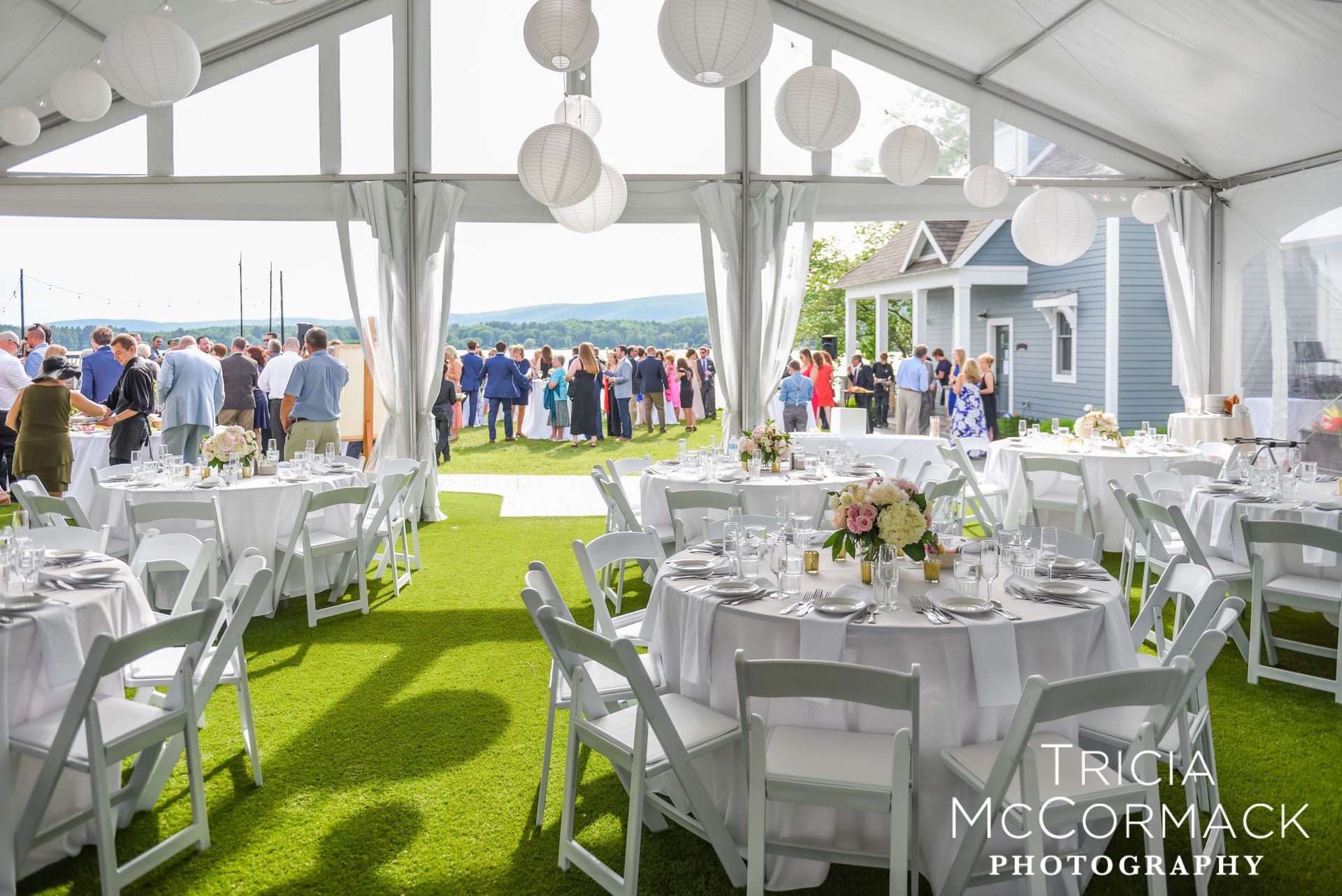 Lake House Guest Cottages of the Berkshires, Lanesborough Lanesboro MA Mass. wedding DJ tent lighting drapery