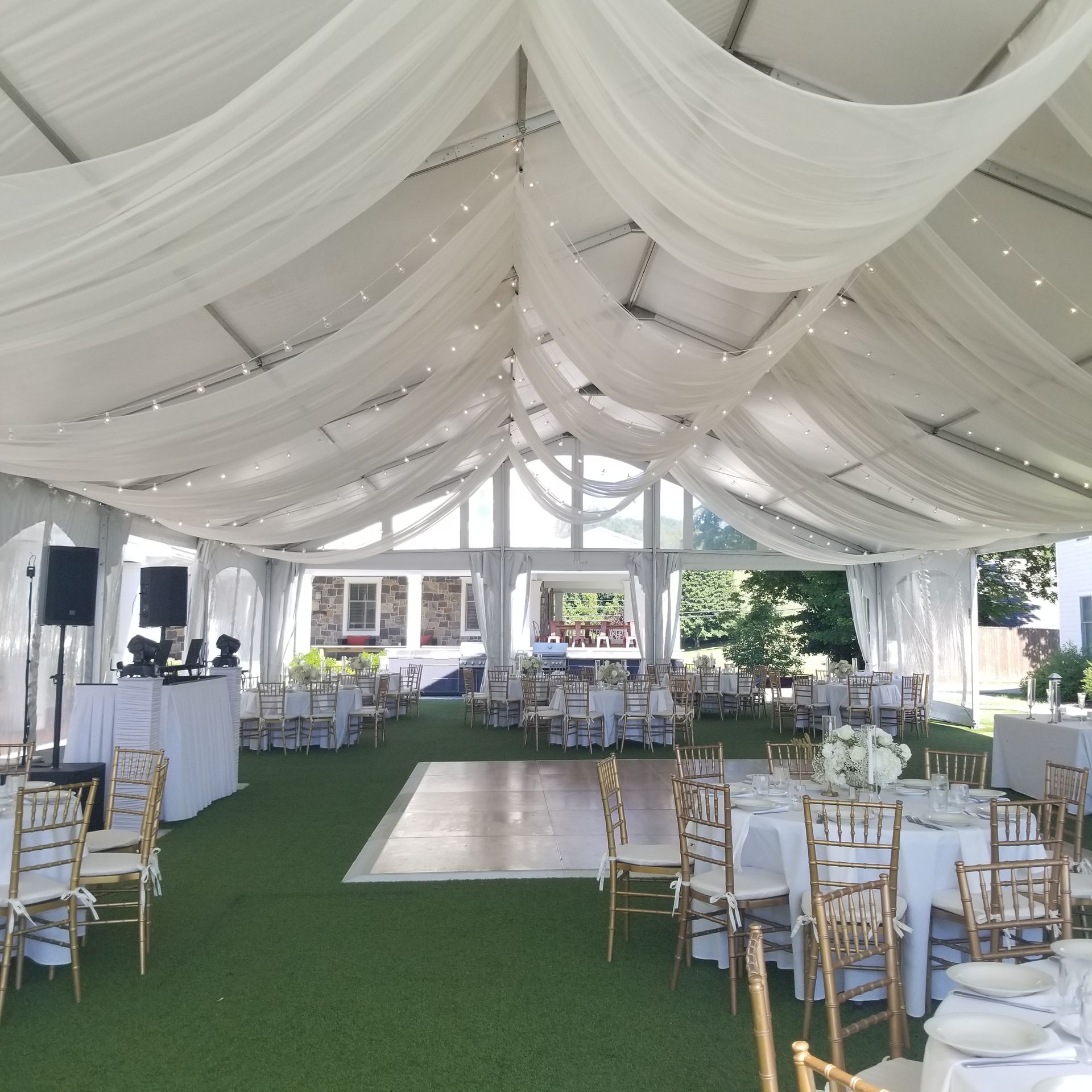 Lake House Guest Cottages of the Berkshires, Lanesborough Lanesboro MA Mass. wedding DJ tent lighting drapery