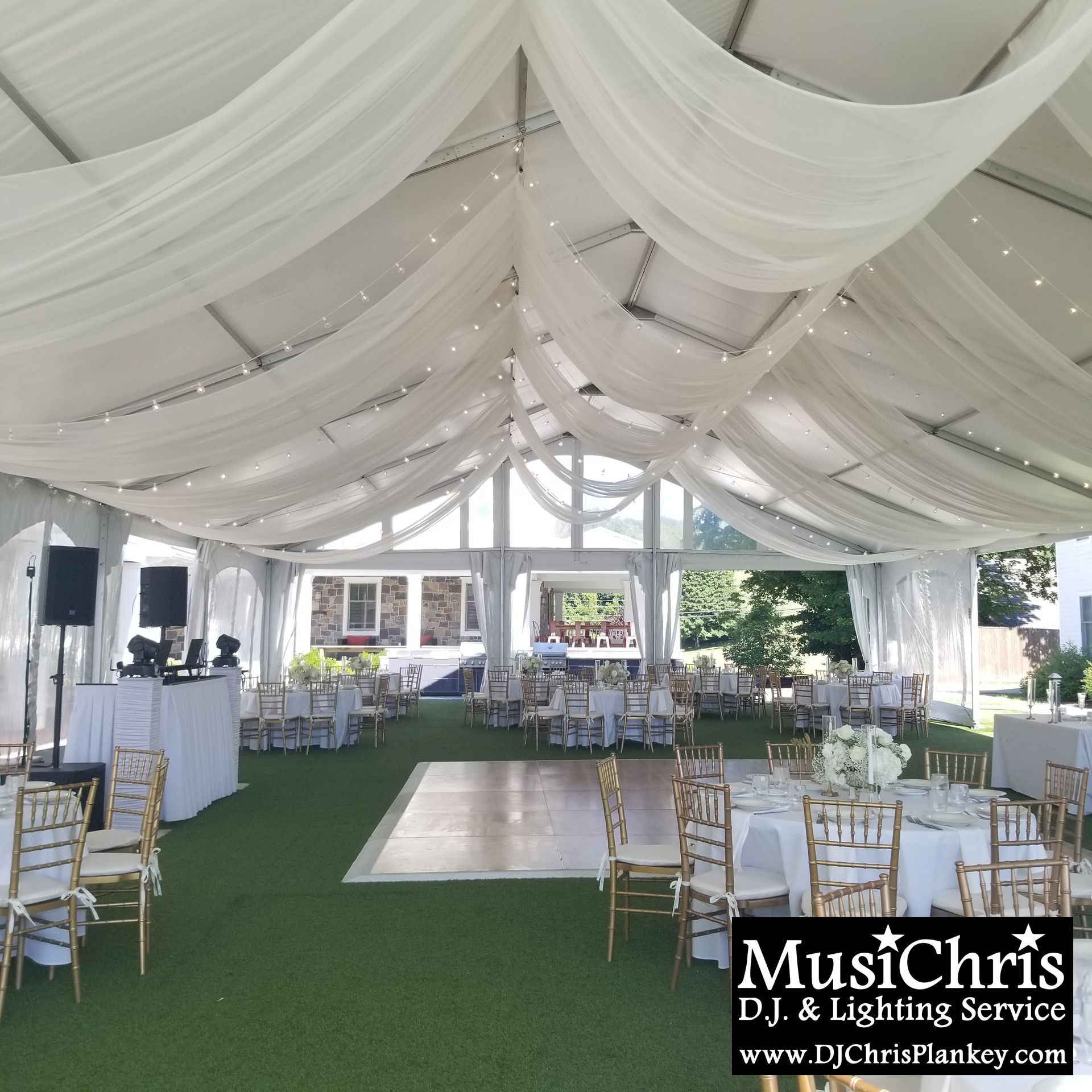 Lake House Guest Cottages of the Berkshires, Lanesborough Lanesboro MA Mass. wedding DJ tent lighting drapery