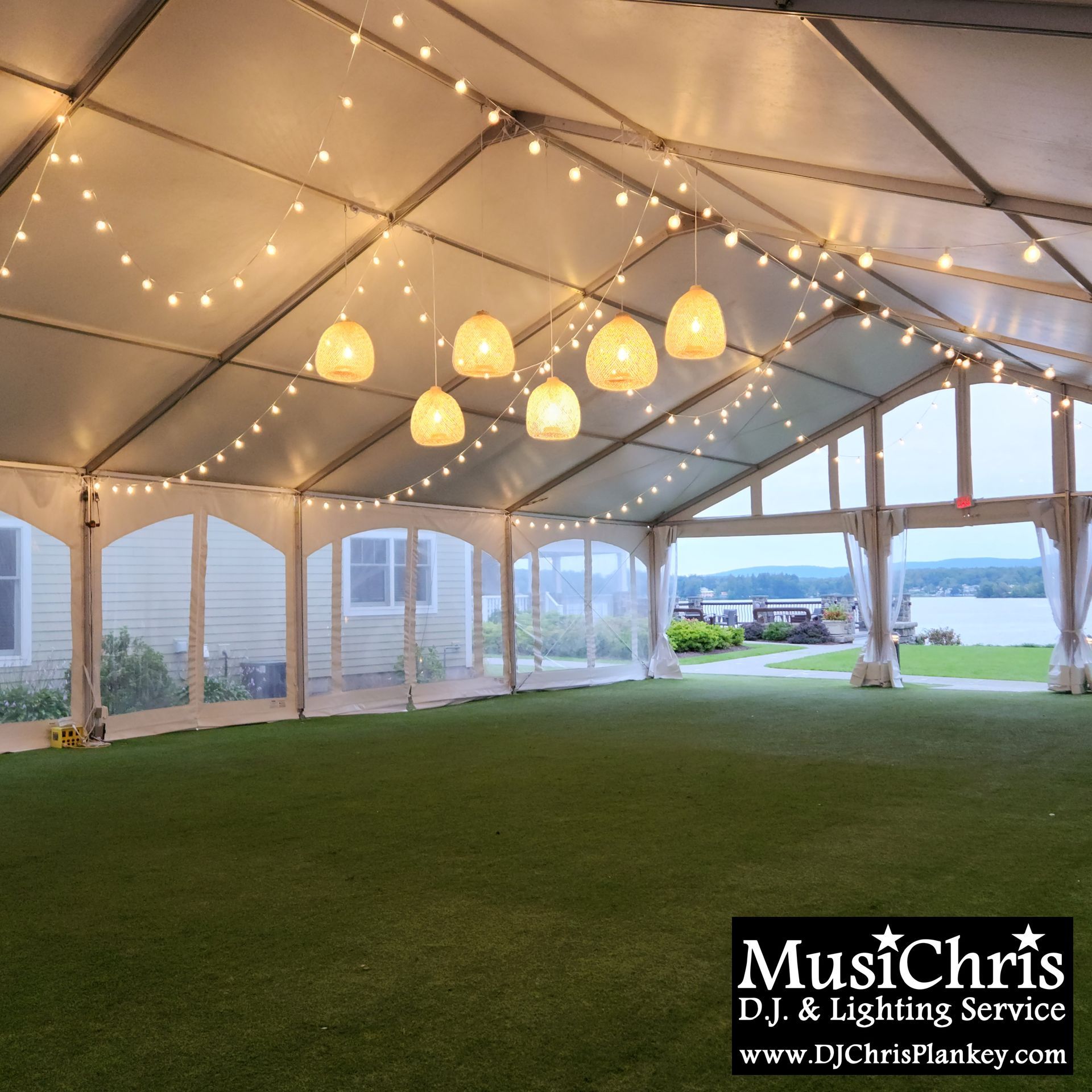 Lake House Guest Cottages of the Berkshires, Lanesborough Lanesboro MA Mass. wedding DJ tent lighting drapery