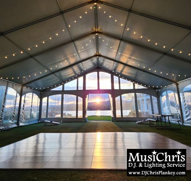 Lake House Guest Cottages of the Berkshires, Lanesborough Lanesboro MA Mass. wedding DJ tent lighting drapery