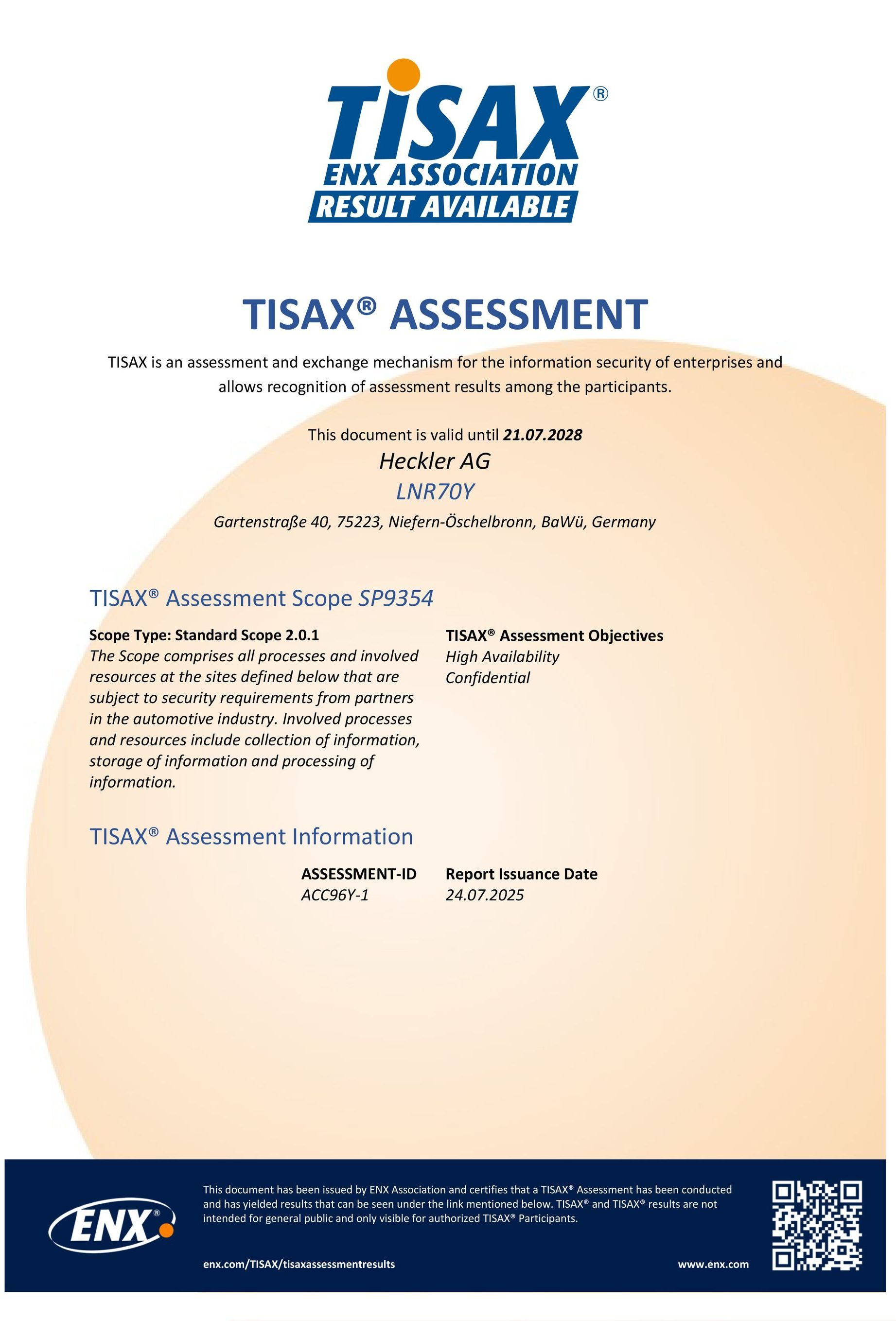 Das TISAX®-Zertifikat bestätigt, dass die Heckler AG die sicherheitsrelevanten Anforderungen ihrer Geschäftspartner erfüllt