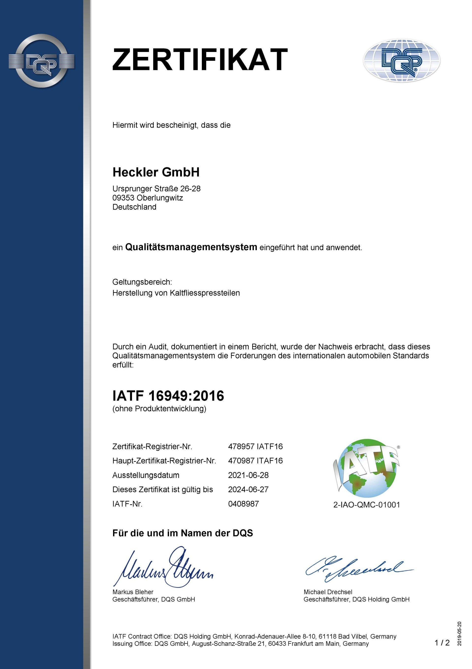 Zertifikat ISO 14001:2015 HECKLER GmbH