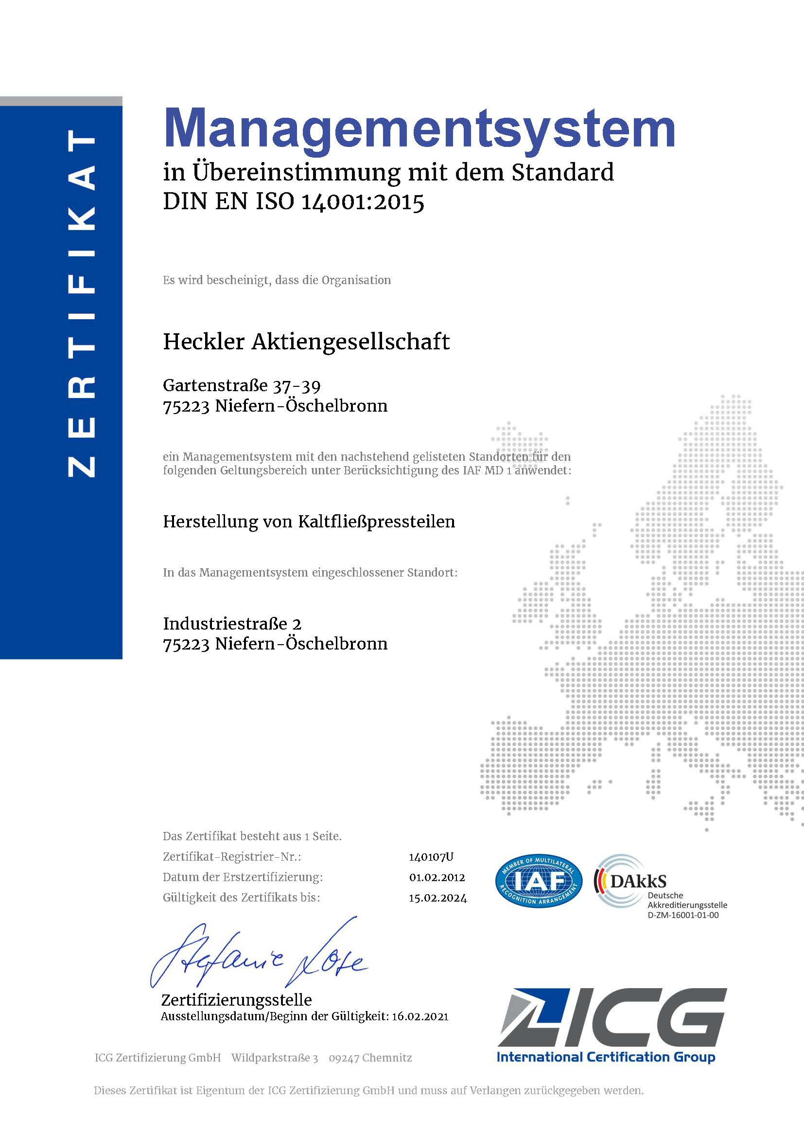 Zertifikat ISO 14001 HECKLER AG