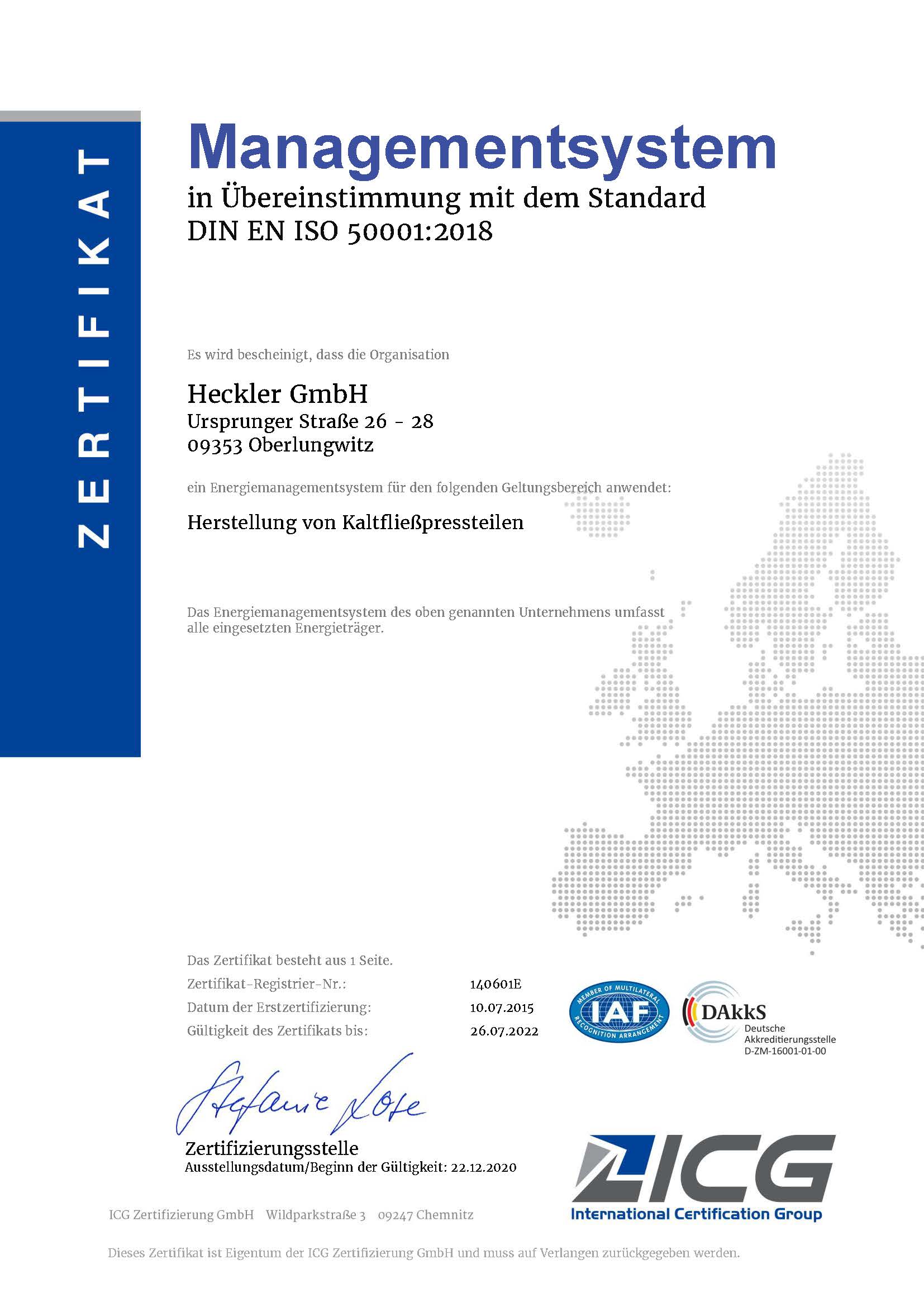 Zertifikat ISO 5001:20011 HECKLER GmbH