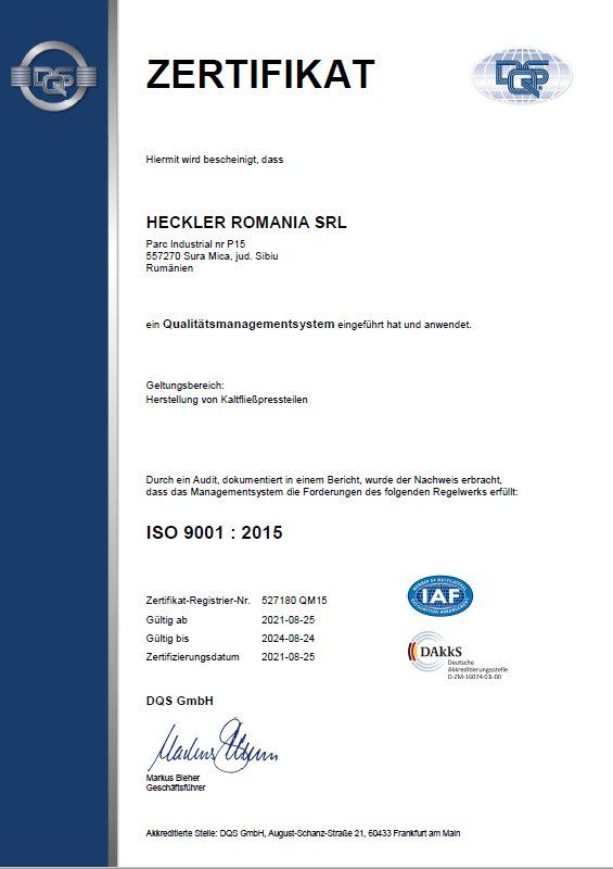 Zertifizierung Heckler SRL ISO 9001