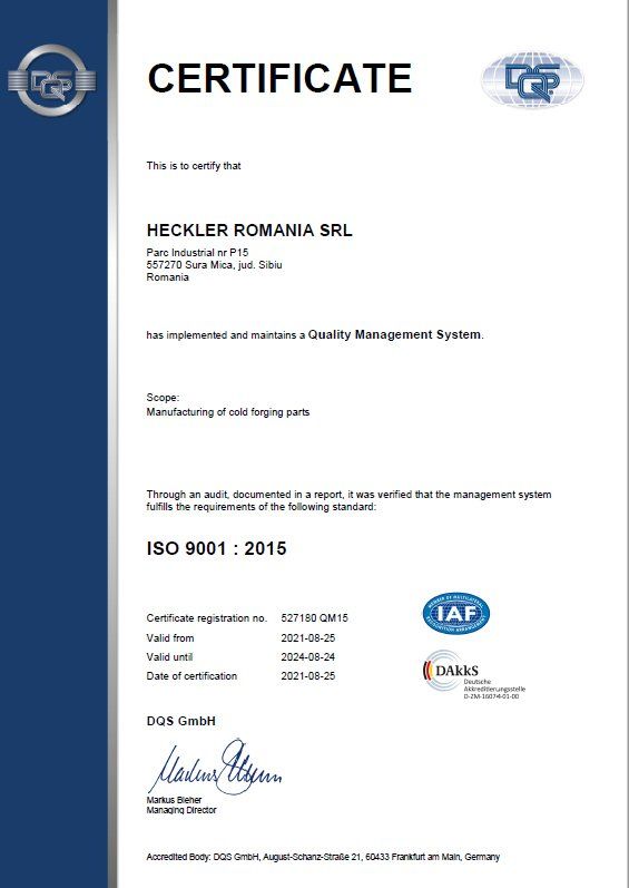 Zertifizierung Heckler SRL ISO 9001