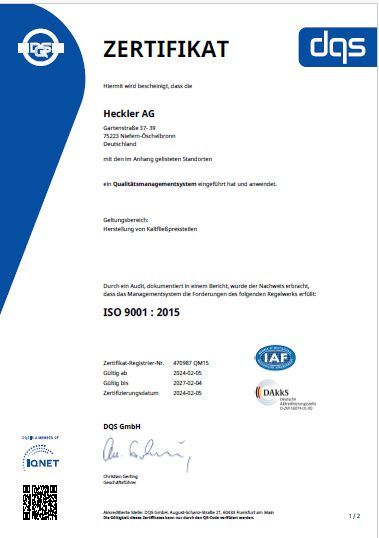 Zertifikat Heckler AG ISO 9001 QM15