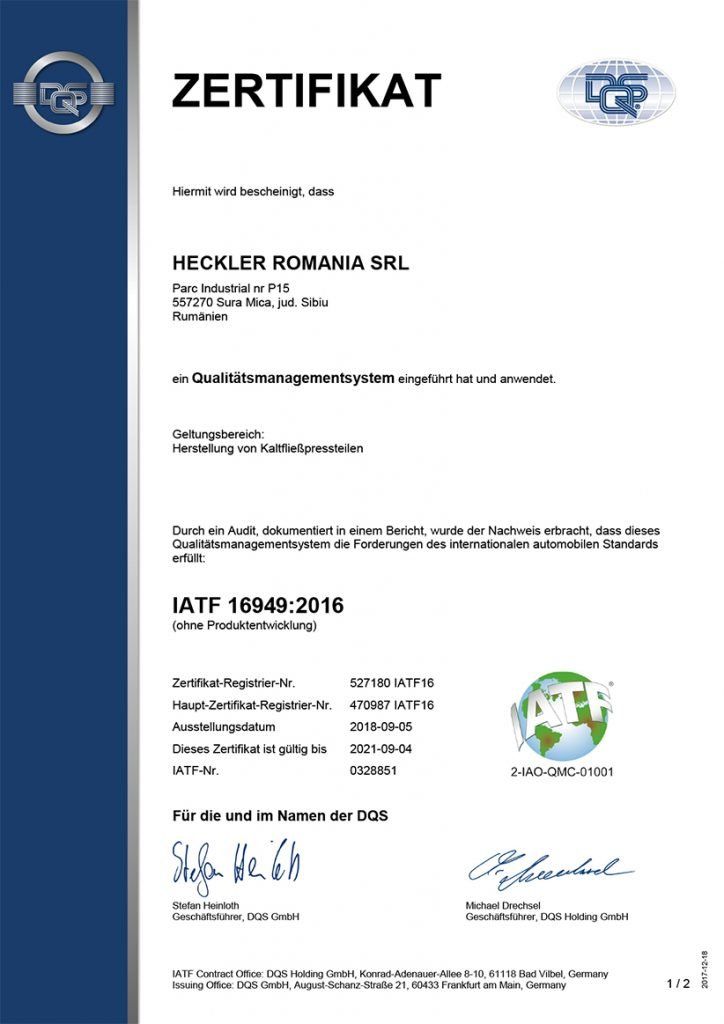 Zertifikat IAFT16949 für Heckler SRL