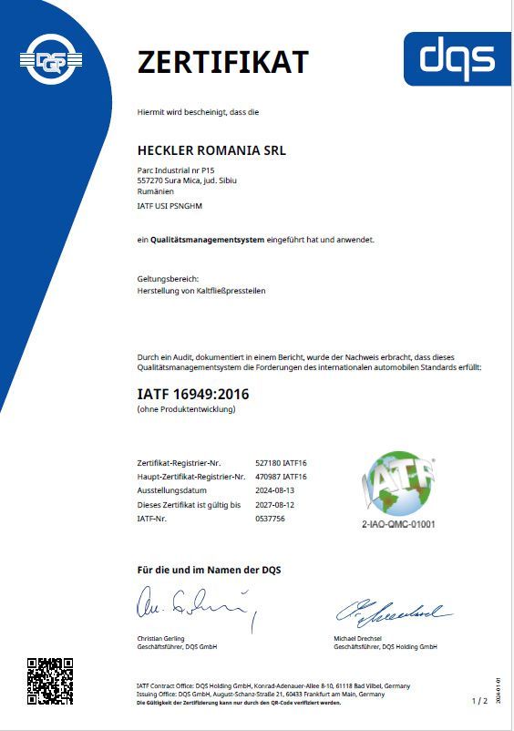 Zertifikat IAFT16949 für Heckler SRL