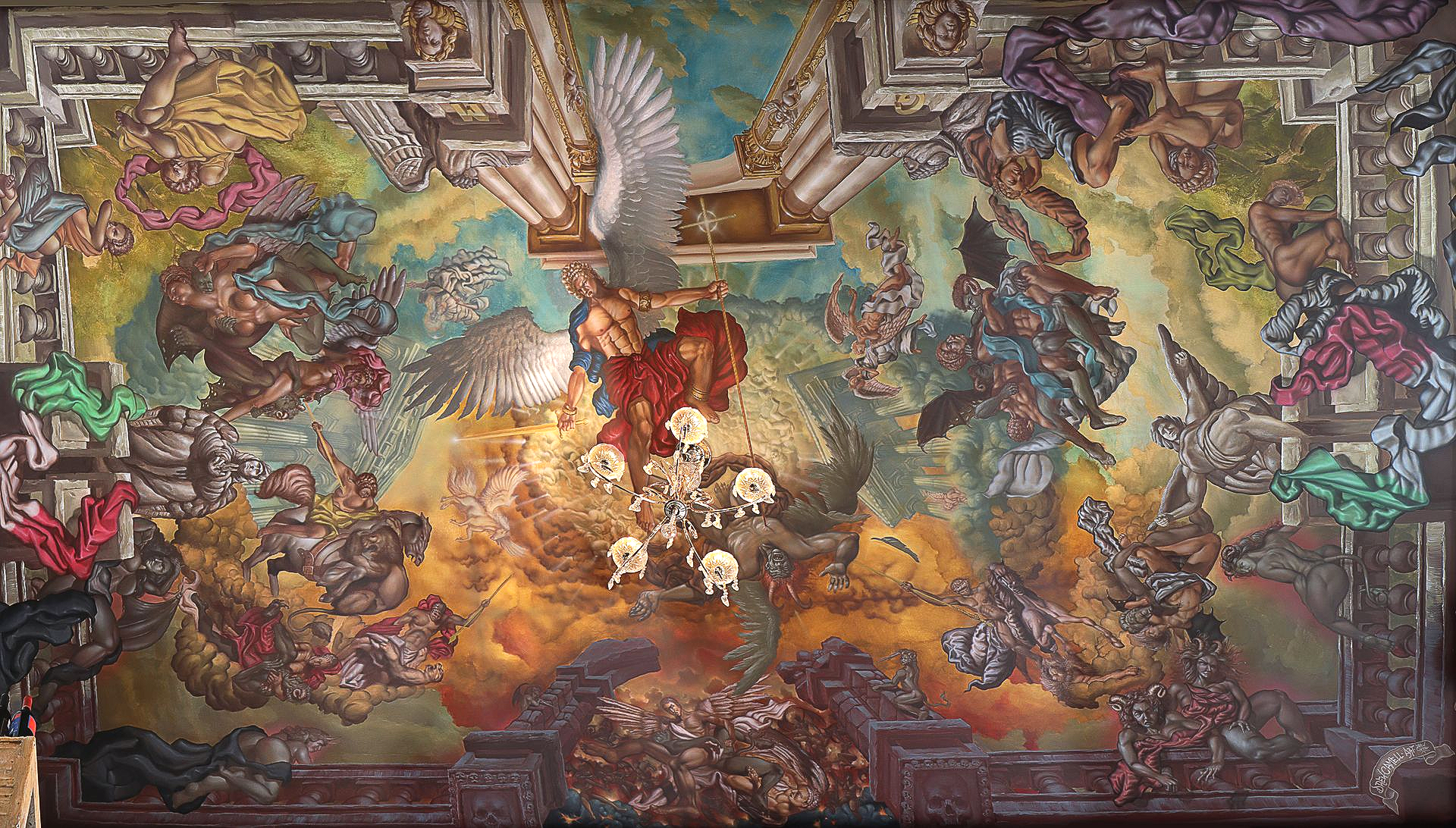 Monumentale Deckenmalerei von Drew Camell im Stil des barocken Trompe-l’œil. Die illusionistische Malerei schafft eine architektonische Öffnung des Raumes durch perspektivische Verkürzung und meisterhafte Lichtführung. Zeitgenössische Interpretation eines Deckenfreskos.