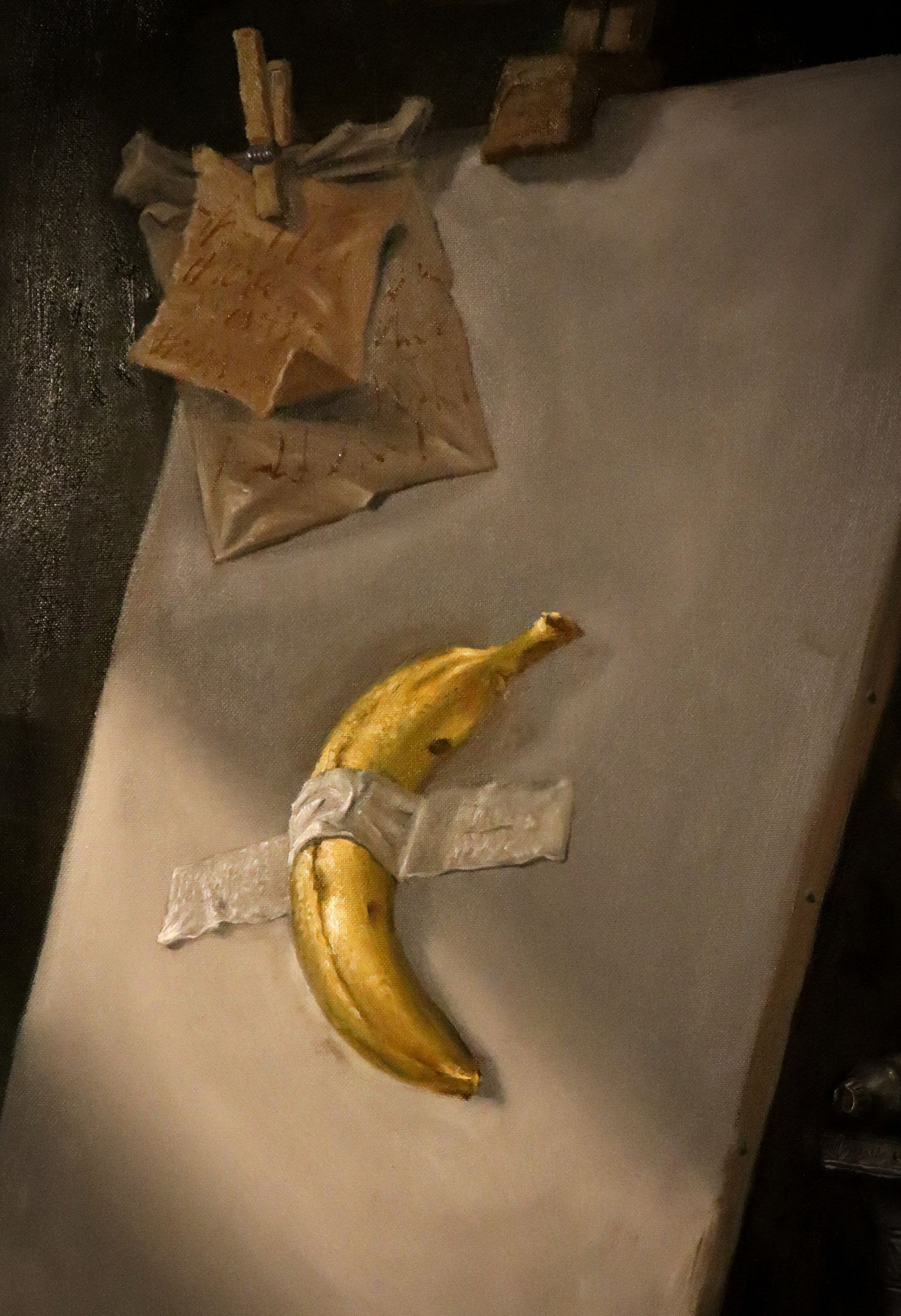 Banane von Cattelan, Oelmalerei von Kuenstler Drew Camell aus Frankfurt am Main. Autodidakt.