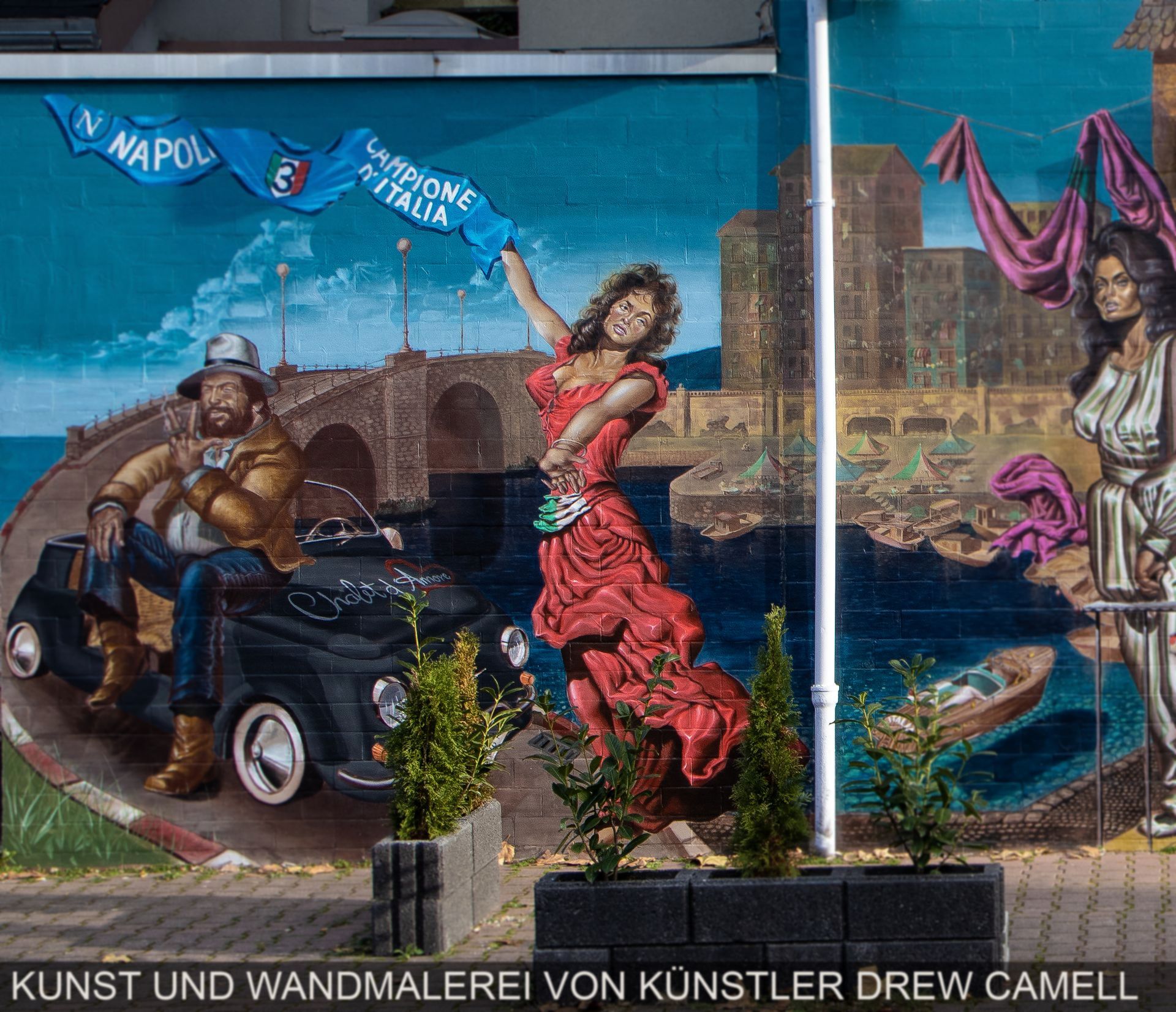Abschnitt des riesigen Wandgemäldes in Frankfurt Höchst vom Künstler Drew Camell