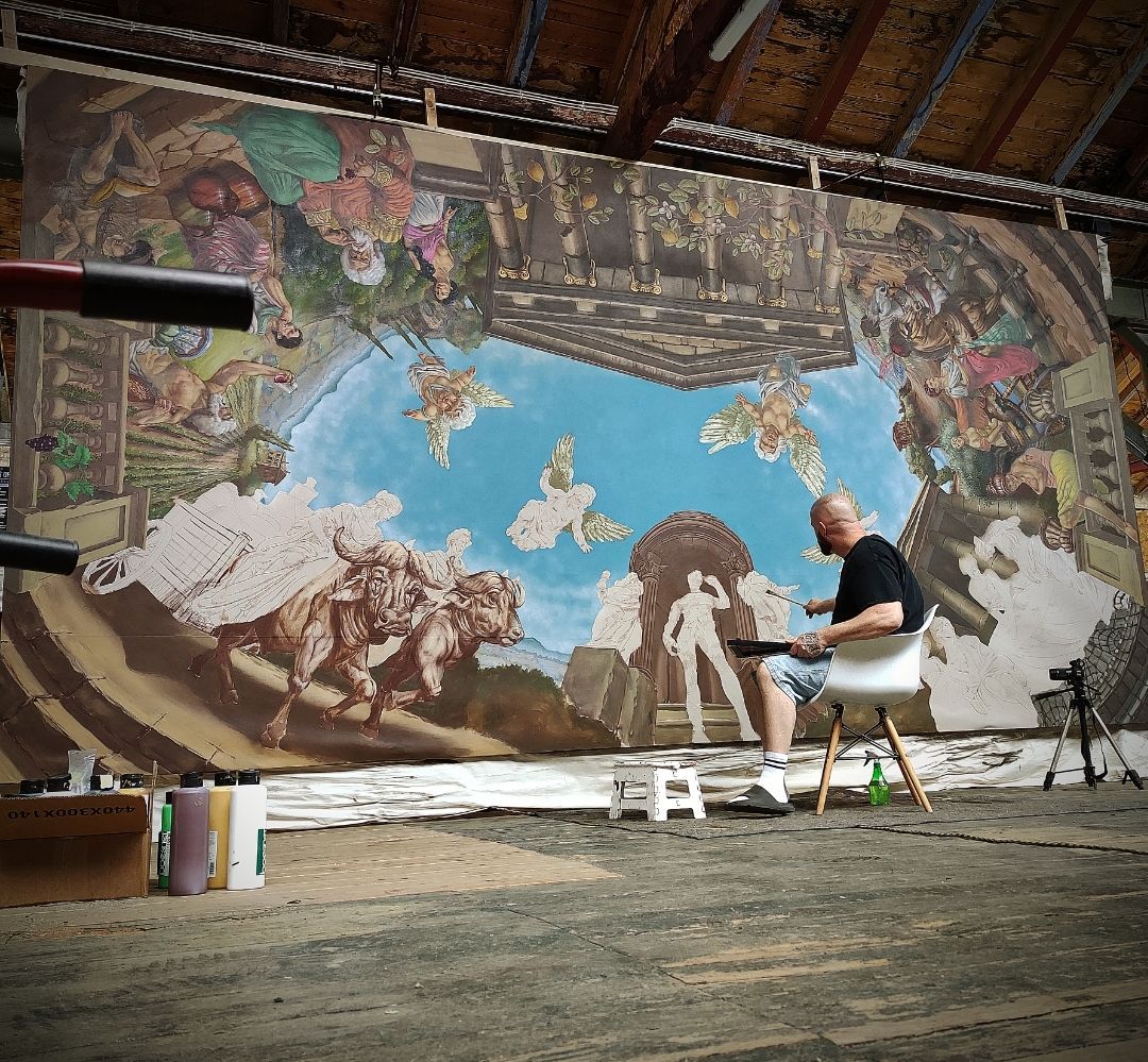 Drew Camell arbeitet an riesigem Grossformat Gemaelde auf Leinwand