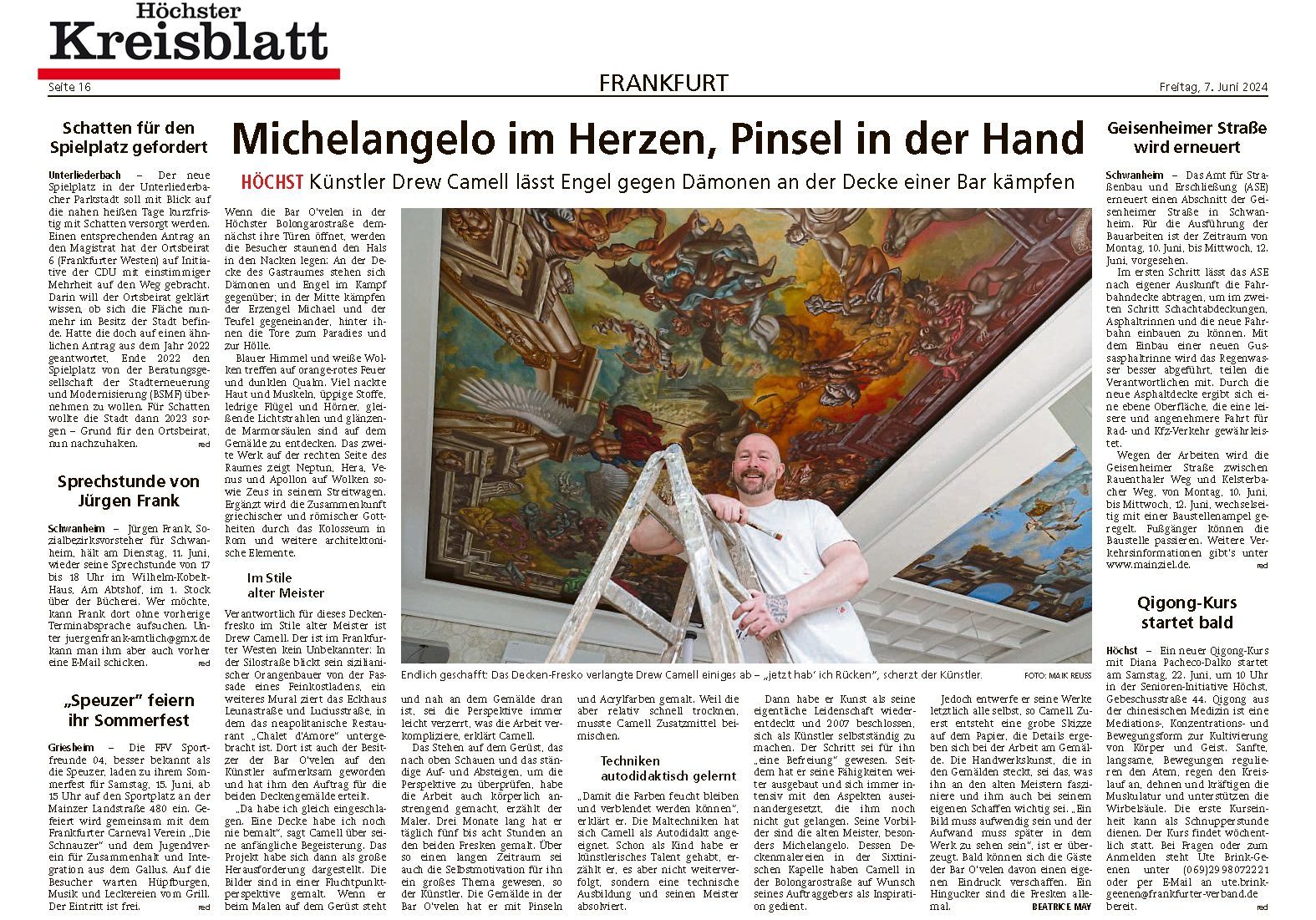 Pressebericht über Kuenstler Drew Camell und seine Deckenmalerei in der Bar O Velen in Frankfurt Hoechst Bolongarostrasse 180