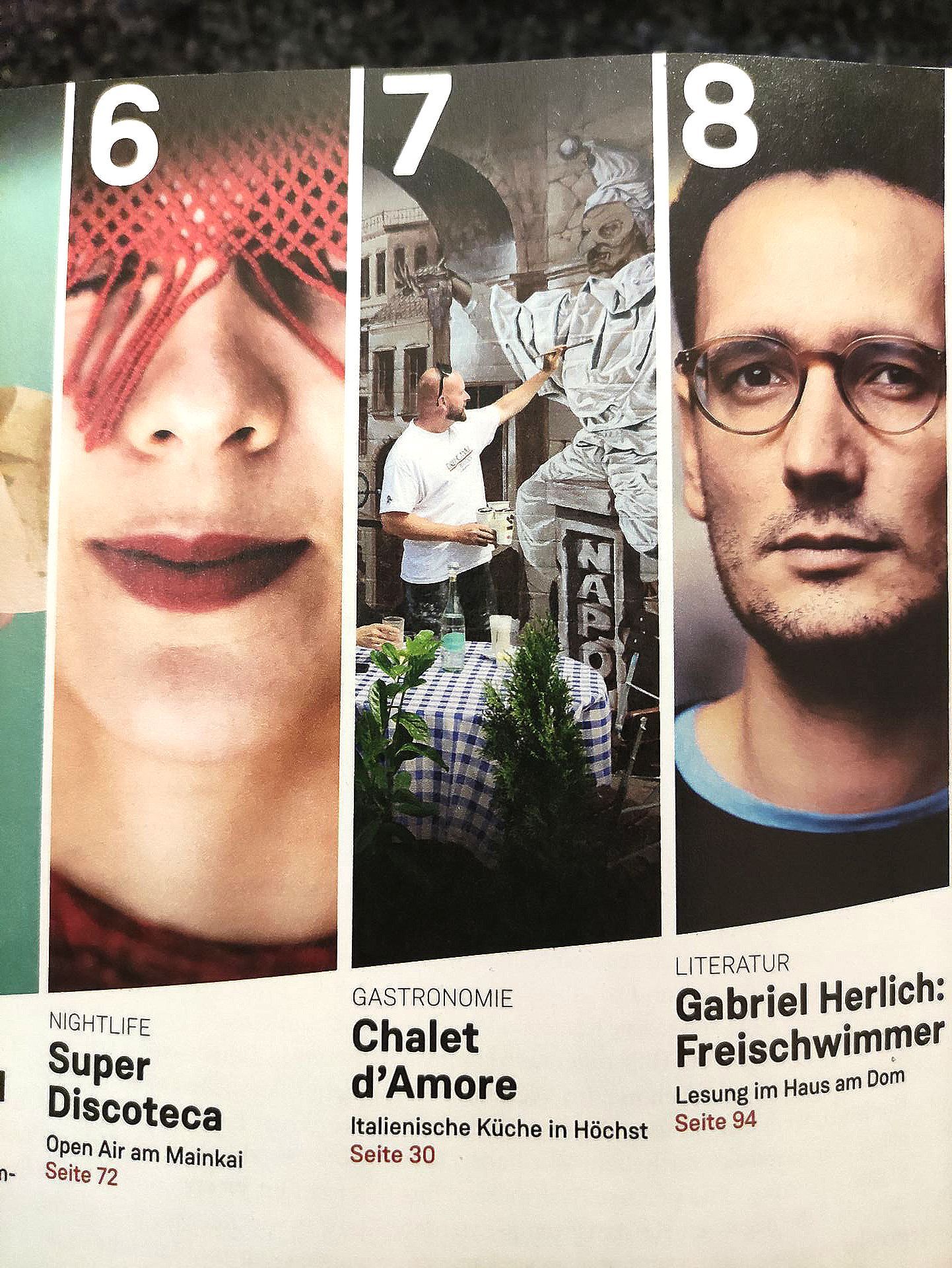 Drew Camell malt riesiges handgemaltes Wandgemälde in Frankfurt Hoechst am Chalet d Amore. Pressebericht im Journal Frankfurt