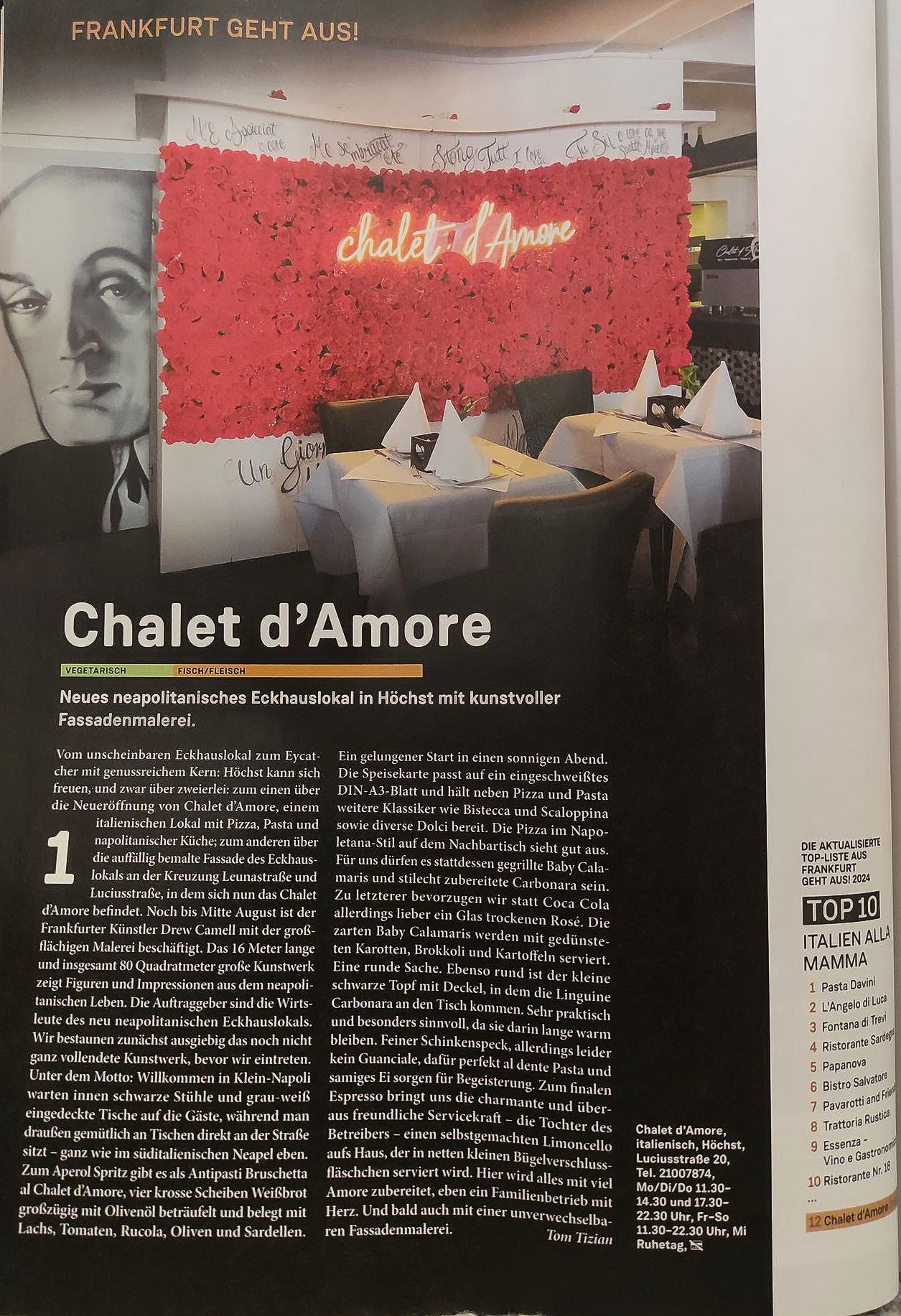 Drew Camell malt riesiges handgemaltes Wandgemälde in Frankfurt Hoechst am Chalet d Amore. Pressebericht im Journal Frankfurt