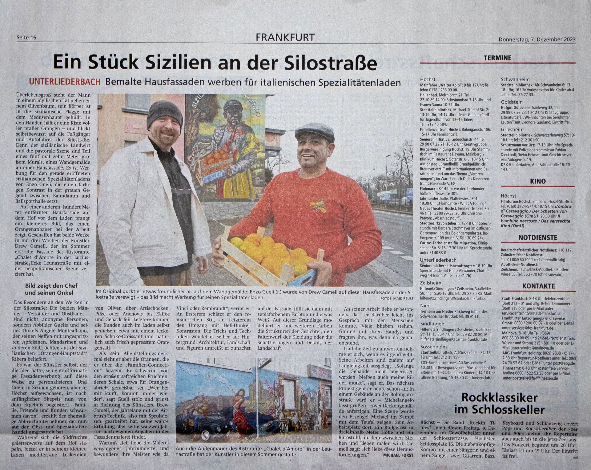 Bericht über den Kuenstler Drew Camell in der Frankfurter Neuen Presse über ein riesiges Streetart Graffiti Kunstwerk in Frankfurt am Main