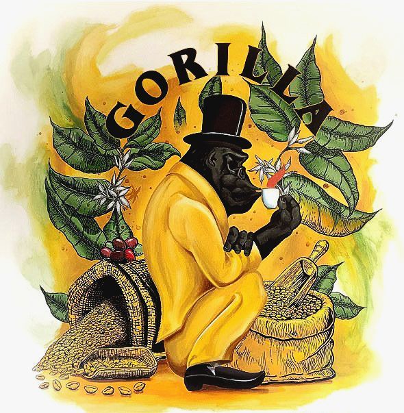 Wandmalerei vom Kuenstler Drew Camell zeigt Kunstwerk des Gorilla Kaffe Logos in gelb