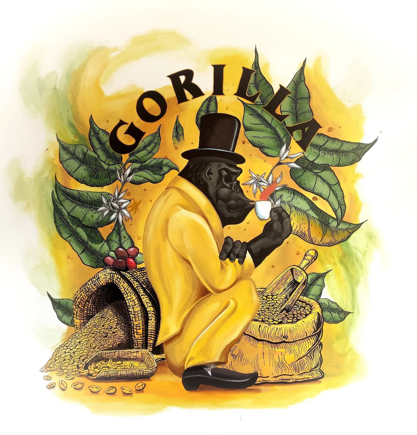 Ein großflächiges Auftragswandgemälde des Künstlers Drew Camell für Gorilla Kaffee. Das Kunstwerk basiert auf dem bekannten Gorilla-Kaffee-Logo und ist mit dynamischen, modernen Illustrationselementen gestalterisch erweitert worden, die sich über die gesamte Wandfläche erstrecken.