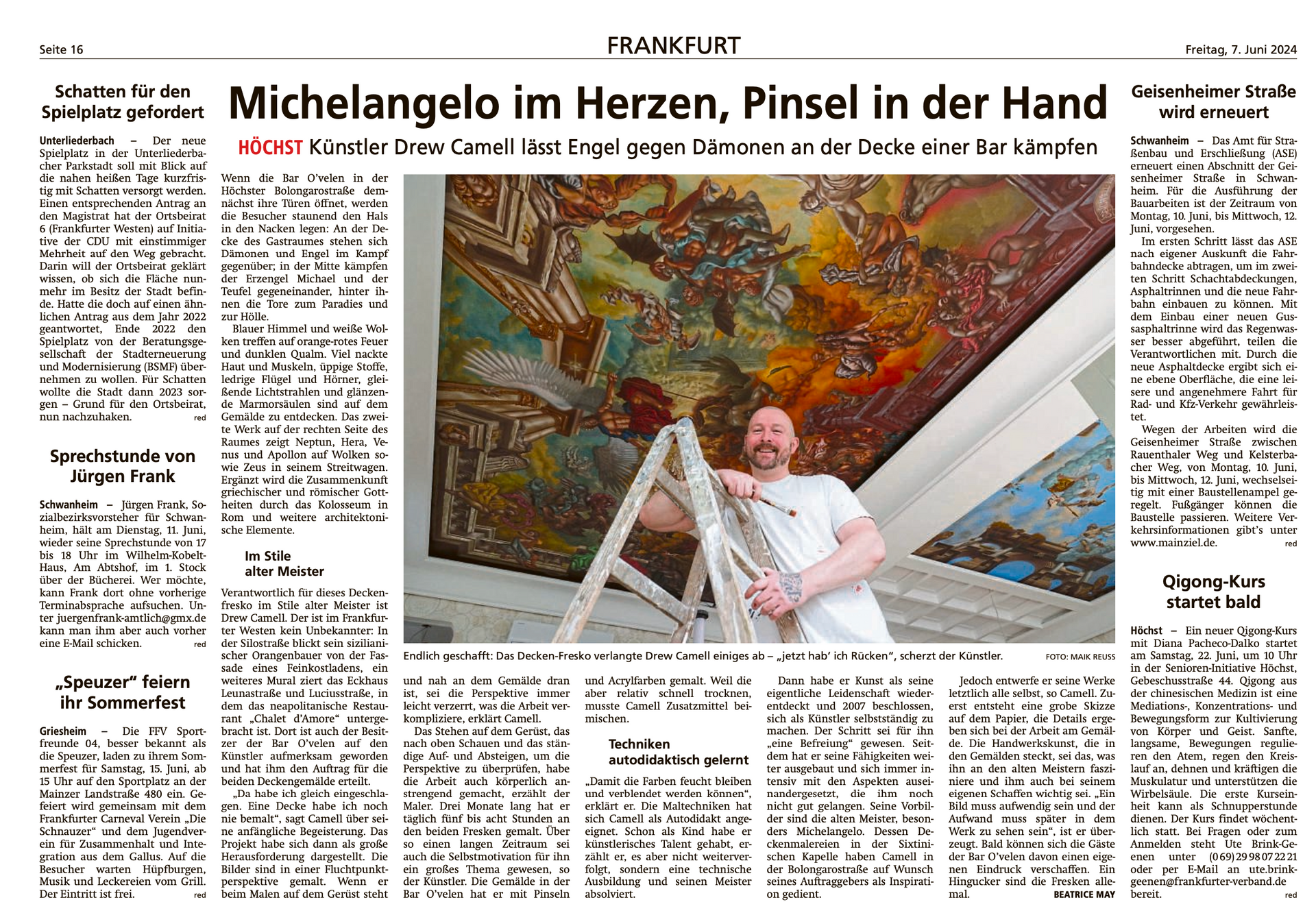 Deckenmalerei wie Michelangelo vom Kuenstler Drew Camell aus Frankfurt. Hier lesen Sie den Pressebericht in der Frankfurter Neue Presse