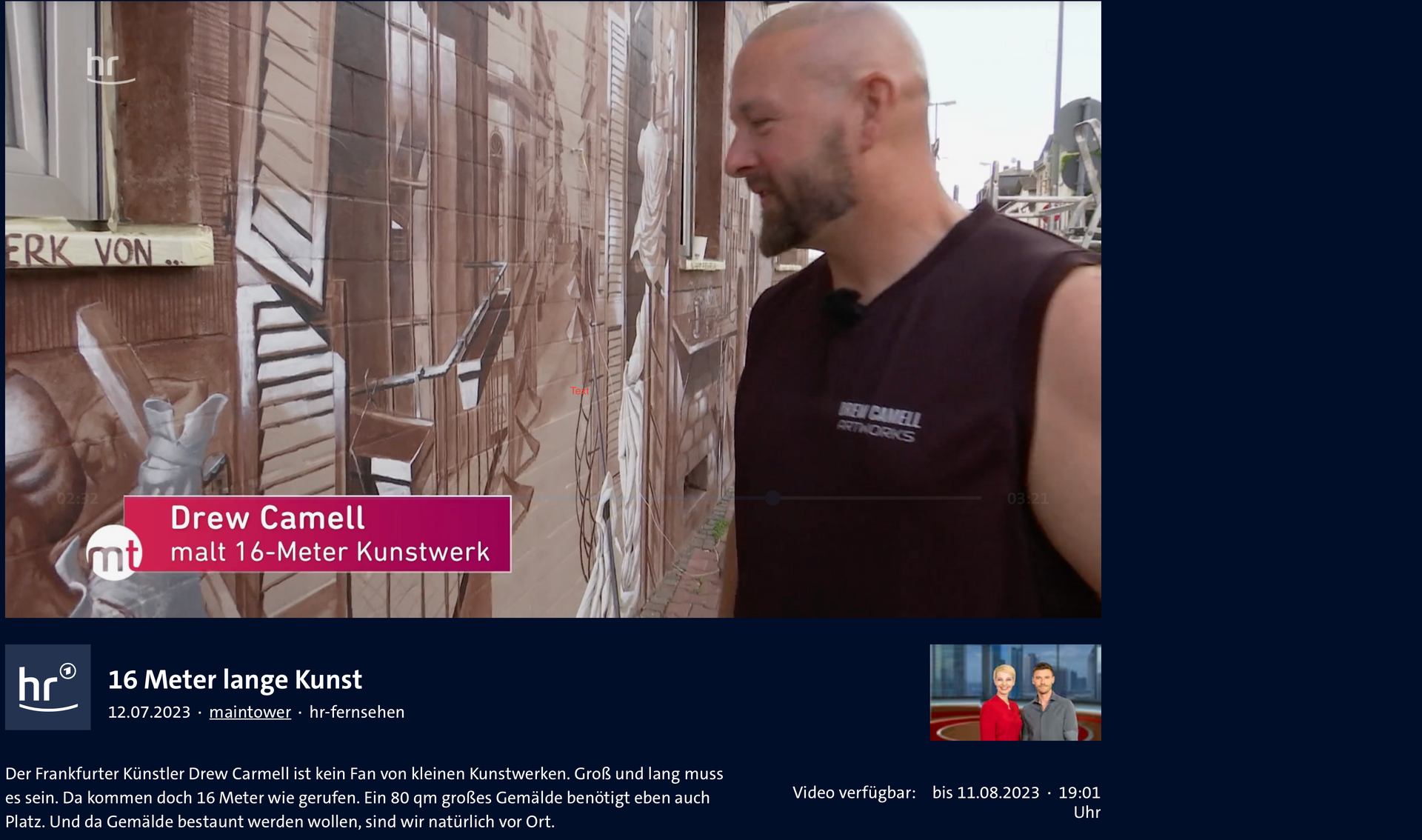 Ein TV Bericht über den Frankfurter Künstler Drew Camell und sein riesiges Wandgemälde an einer Fassade in Frankfurt Höchst