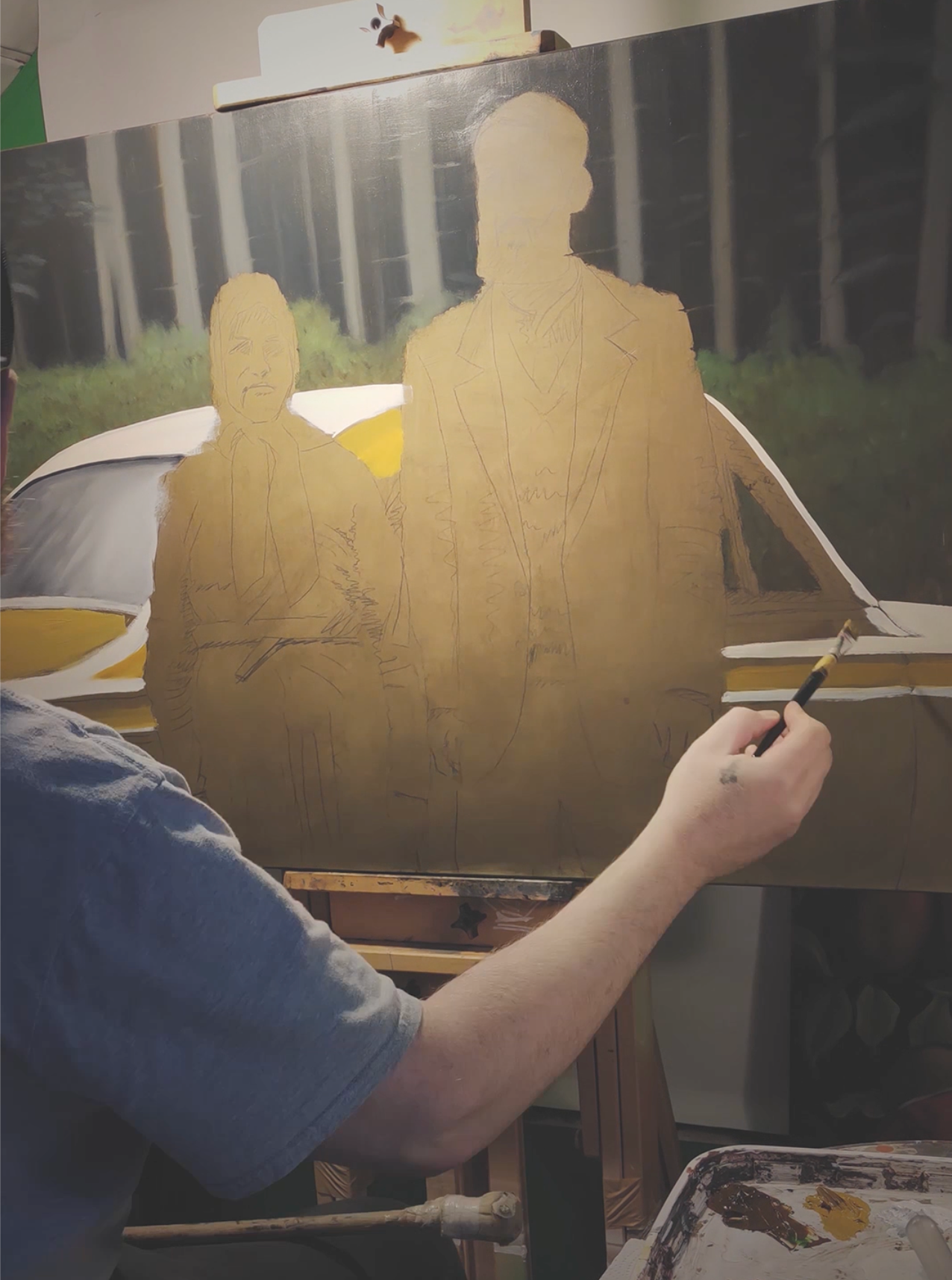 Der Frankfurter Kuenstler Drew Camell malt an einem Aufgragsgemaelde für Kunden in Dubai. Das Oelgemaelde wurde von Arife Woehrle in Auftrag gegeben. Nach Fotovorlage hat der Kuenstler dieses Doppelt Portrait in seinem Atelier Frankfurt gemalt.
Hier zu sehen, die Skizze und Vorarbeit.