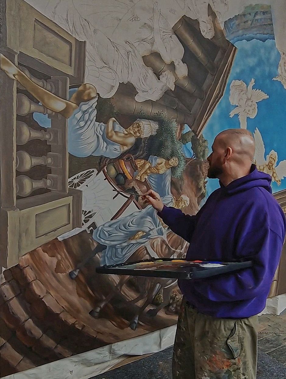 Der Künstler Drew Camell aus Frankfurt am Main malt an einem riesigen Kunstwerk im Stil der Alten Meister. Die Professionelle Malerei und Auftragsmalerei des Künstlers.