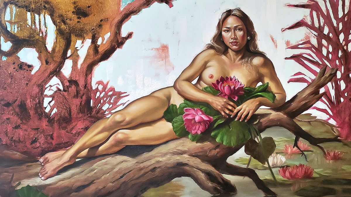 Modernes oelgemaelde vom Frankfurter Kuenstler Drew Camell zeigt die Neuinterpretation der Ophelia. Zu sehen eine Asiatische schoene Frau mit dem Namen . Model ist Kittapong Kreewong . Sie liegt auf einem Ast ueber ruhigem gewaesser, haelt einen Strauss aus seerosen.
Das Kunstwerk steht in Frankfurt zum Verkauf.
