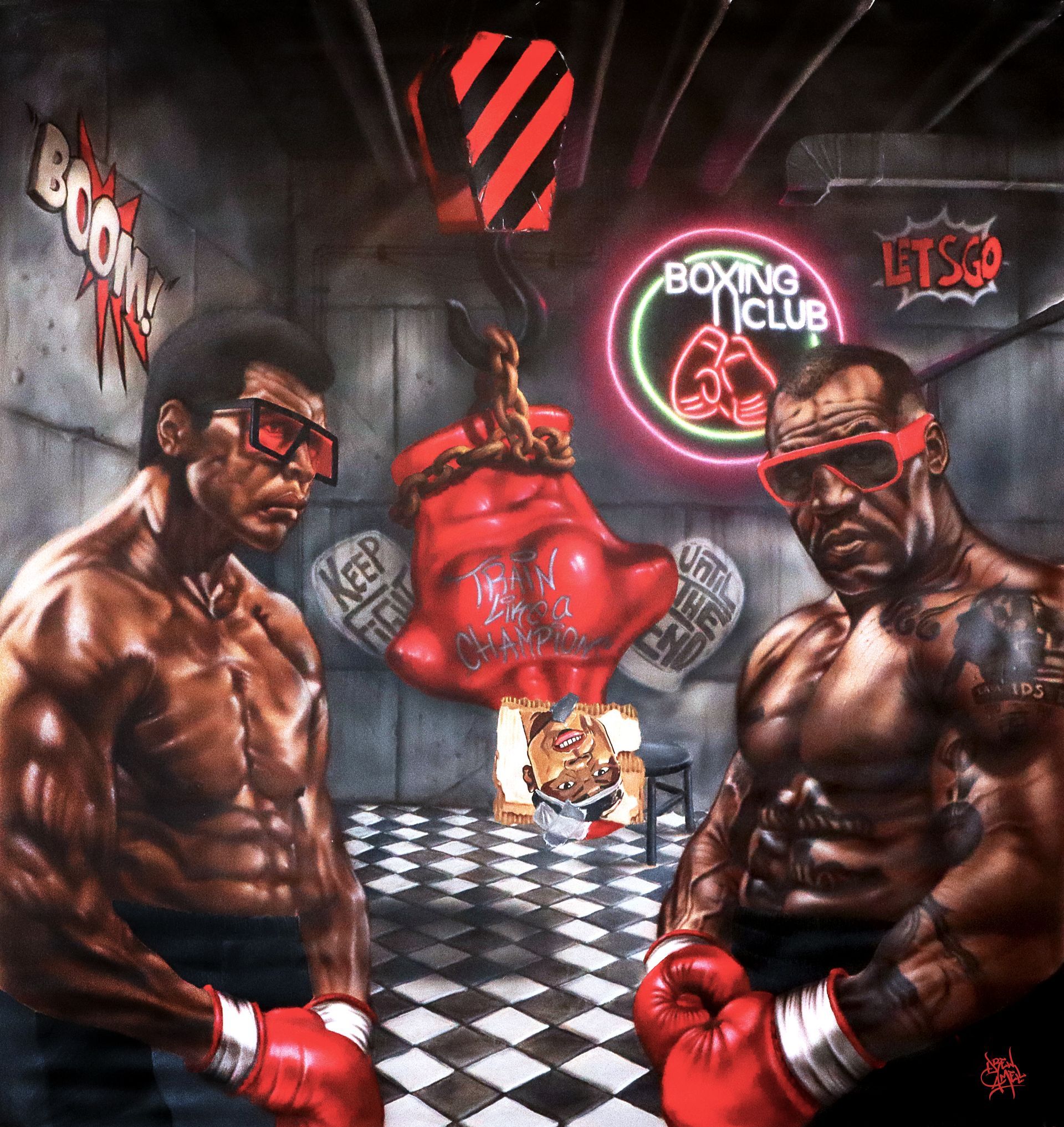 Moderne und zeitgenoessische Kunst vom Kuenstler Drew Camell aus Frankfurt zeigt fotorealistische Portraits in einem Boxclub.