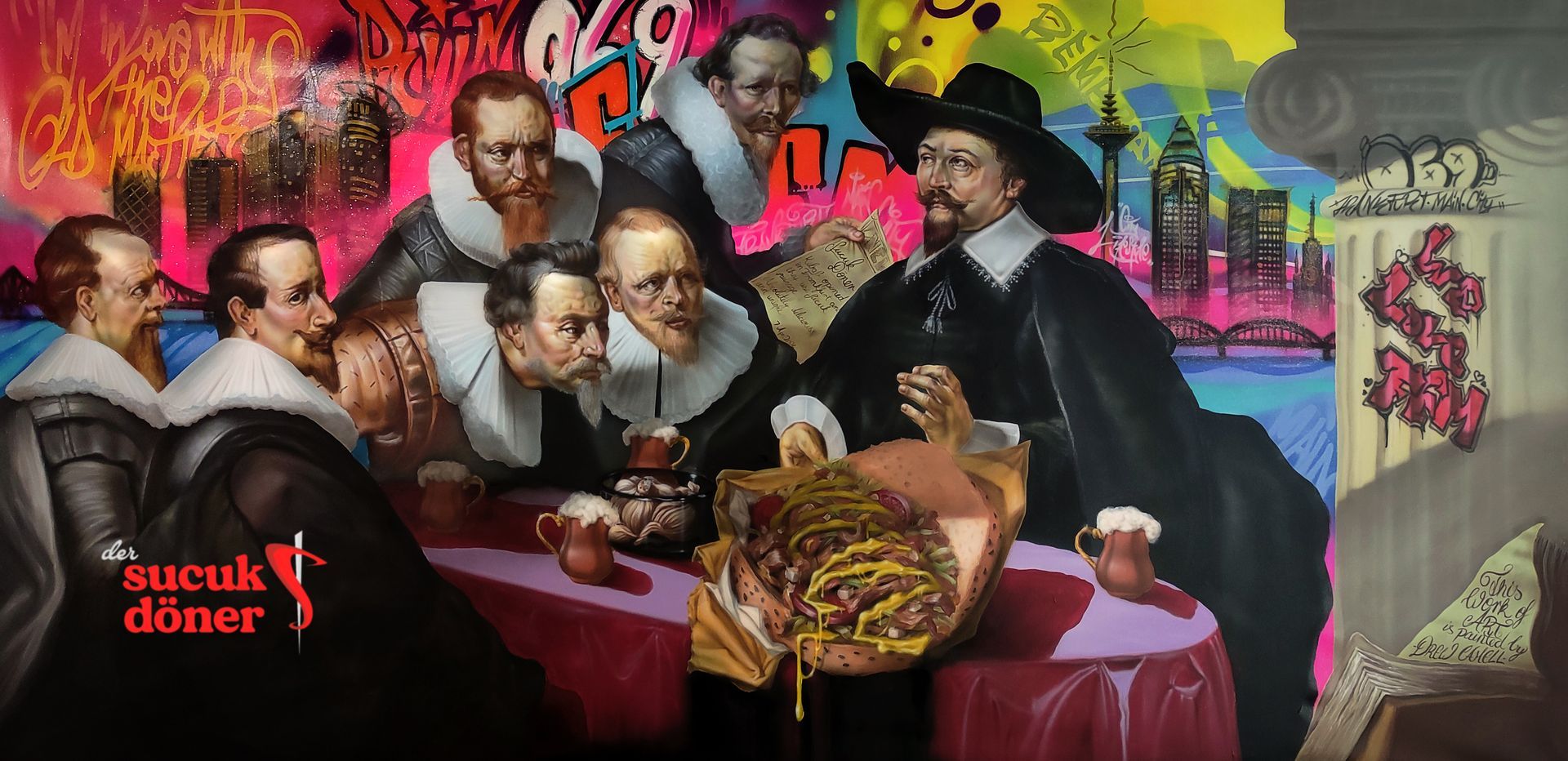 Modernes Gemälde vom Künstler Drew Camell zeigt Graffiti und Rembrandt in einem.