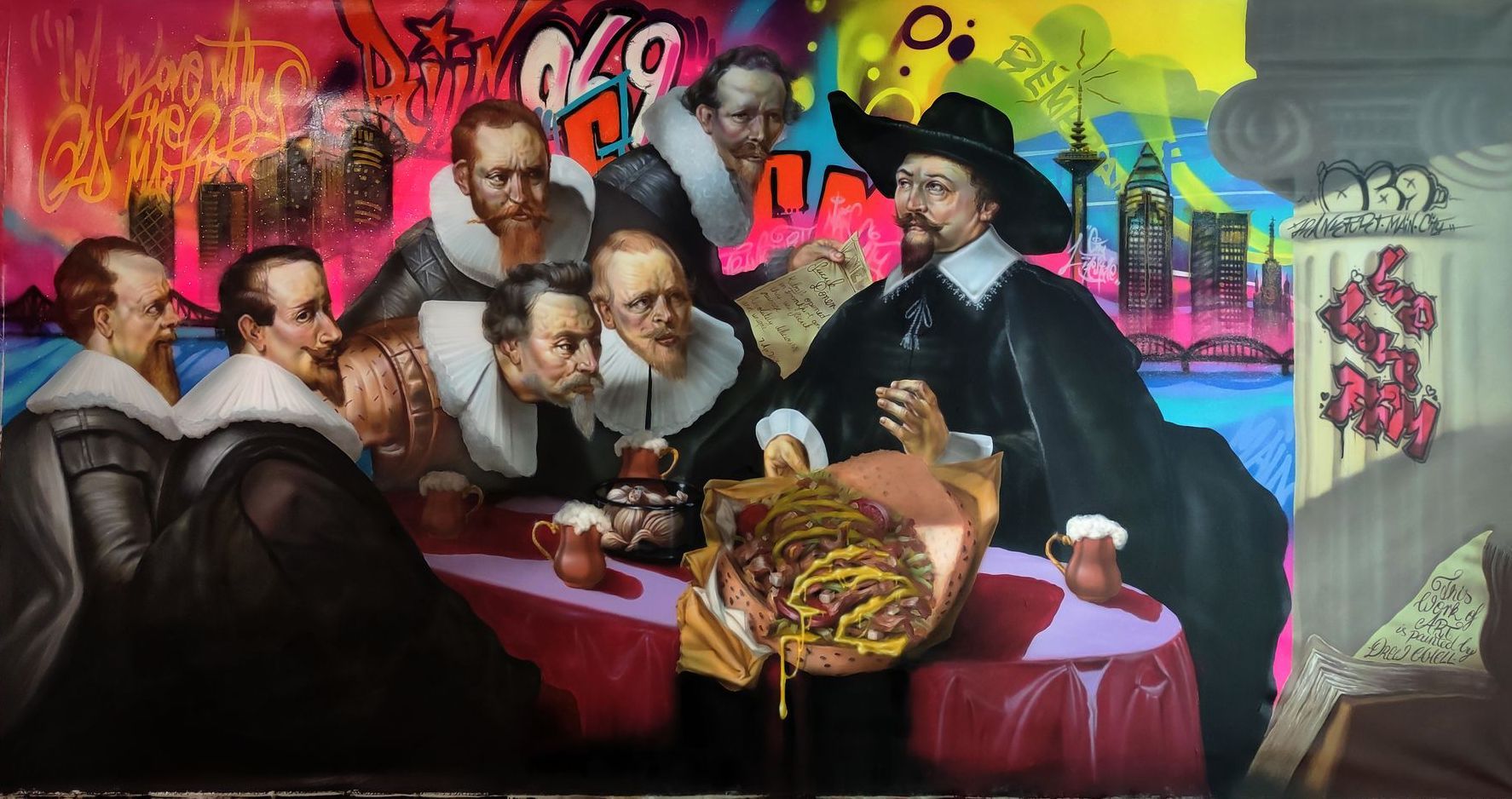 Pop Art Gemaelde zeigt Dr. Tulp von Rembrandt. Aufragsgemaelde vom Frankfurter Kuenstler Drew Camell
