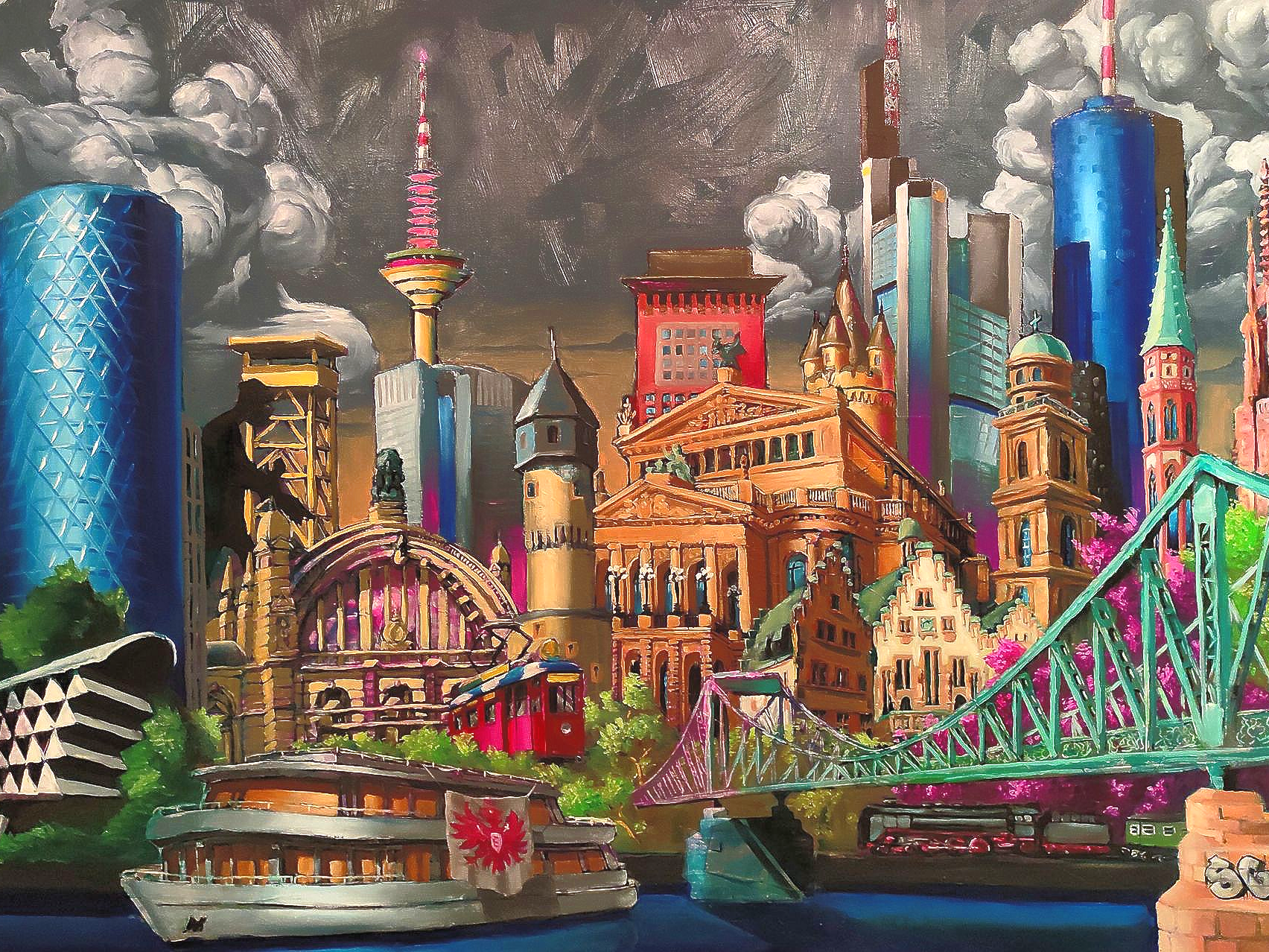 pop art moderne Kunst Oelgemaelde der Frankfurter Skyline vom Kuenstler Drew Camell aus Frankfurt Hoechst