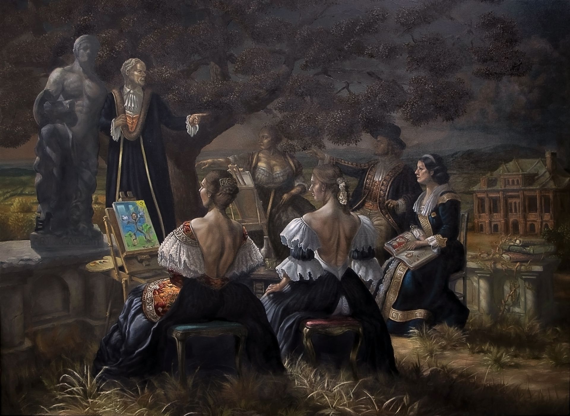 Satirisches Ölgemälde 'The Academy' von Drew Camell. Das Werk übt Institutionskritik am akademischen Kunstbetrieb, indem es eine historische Malschule im Park zeigt, wo ein Schüler statt der klassischen Statue ein ironisches Strichmännchen malt. Narrative Malerei in altmeisterlicher Technik.