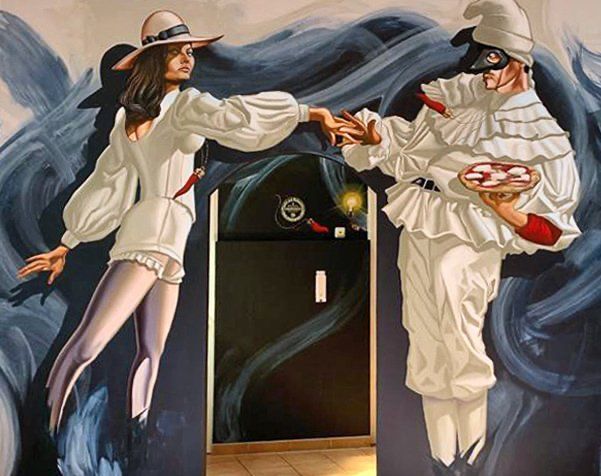 Wandmalerei Sophia Loren und Pulcinella vor dem Vesuv in Napoli. Kunstwerk vom Frankfurter Kuenstler Drew Camell Wandmalerei Sophia Loren und Pulcinella vor dem Vesuv in Napoli. Kunstwerk vom Frankfurter Kuenstler Drew Camell
