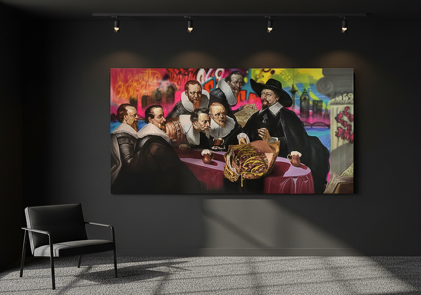 Zeitgenössisches Ölgemälde im Großformat an einer matt schwarzen Wand in einer Galerie. Das Bild zeigt Männer in barocker Kleidung um einen Tisch, kombiniert mit bunten Kunst Elementen im Hintergrund und einer modernen Skyline. Stilmix aus klassischer Porträtmalerei und Urban Art.